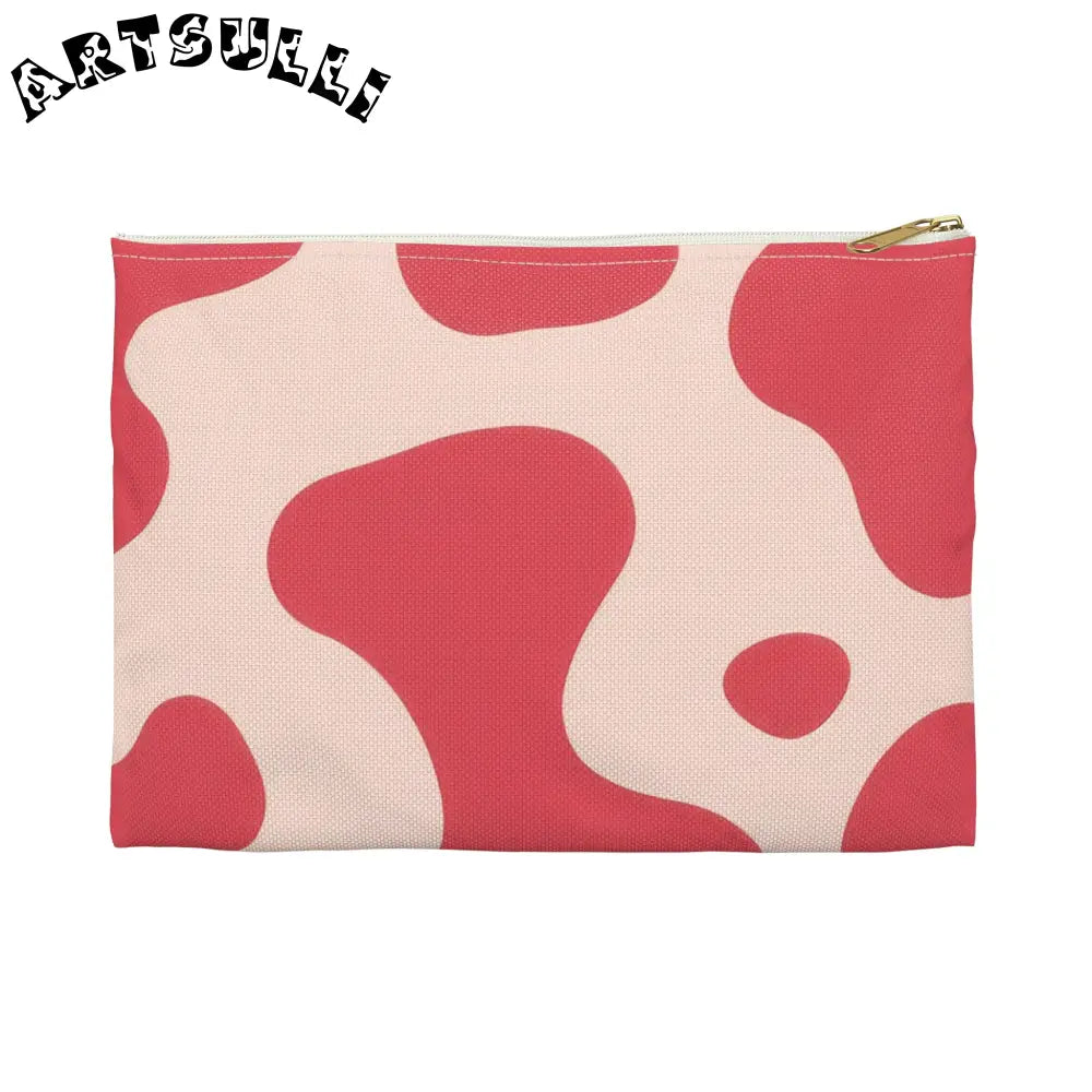 Pink and Cream Cow Print Flat Pouch, Artsulli - Art is Long, Life is Short, Bags, Size, Small, Color, White zipper, , , 32554377991219835359