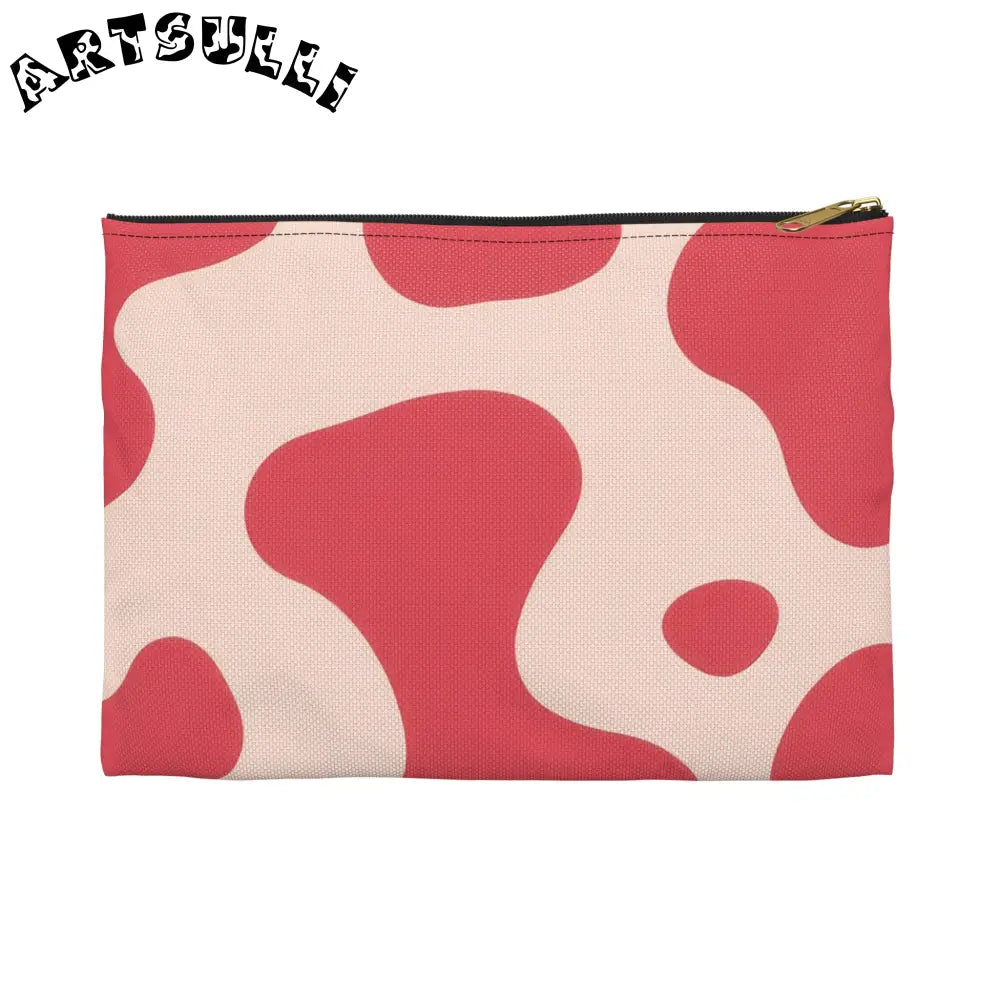 Pink and Cream Cow Print Flat Pouch, Artsulli - Art is Long, Life is Short, Bags, Size, Small, Color, Black zipper, , , 15466898768806741962