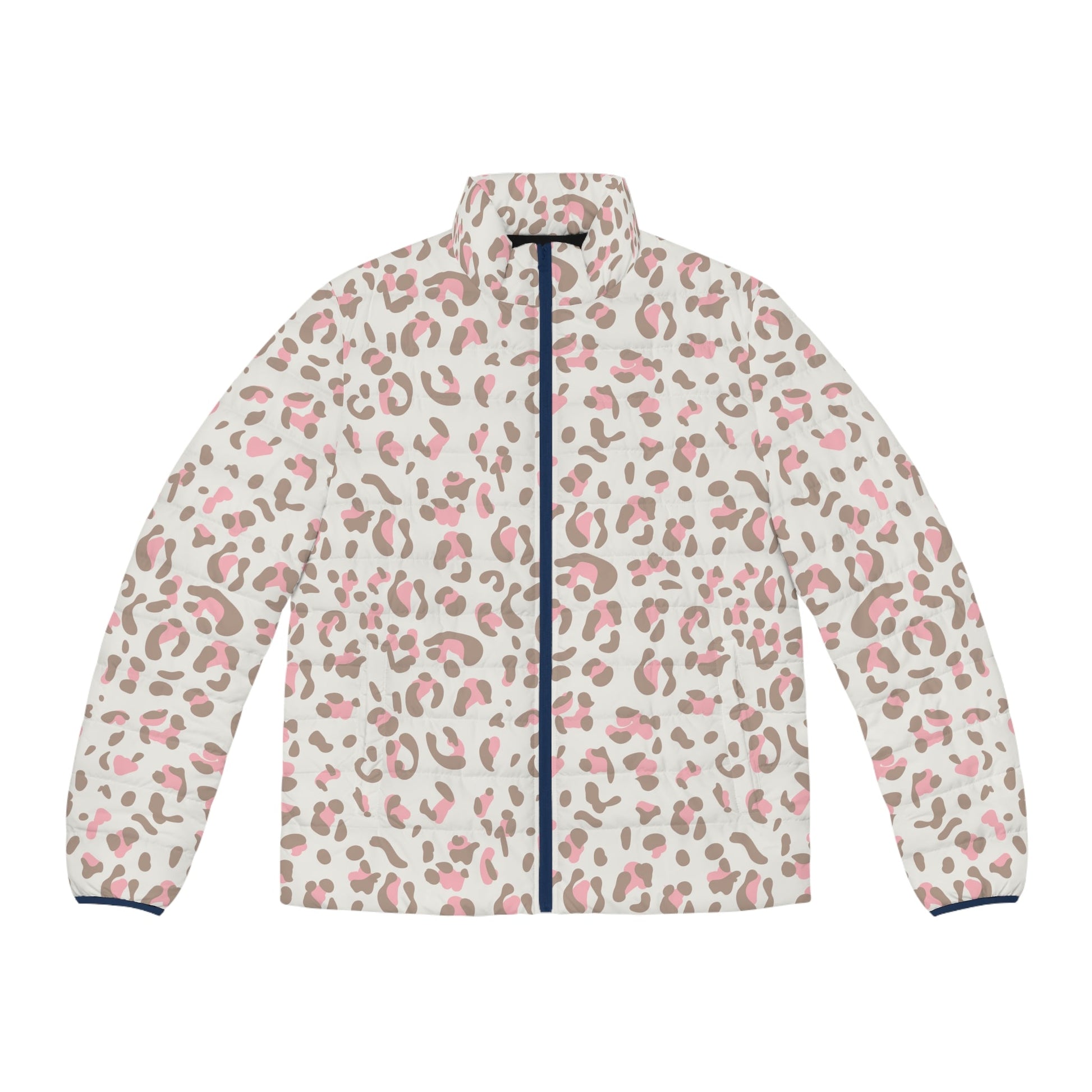 Pink and Grey Leopard Puffer Jacket, Artsulli - Art is Long, Life is Short, All Over Prints, Size, S, Color, Dark blue zipper, , , 19244744016388350267