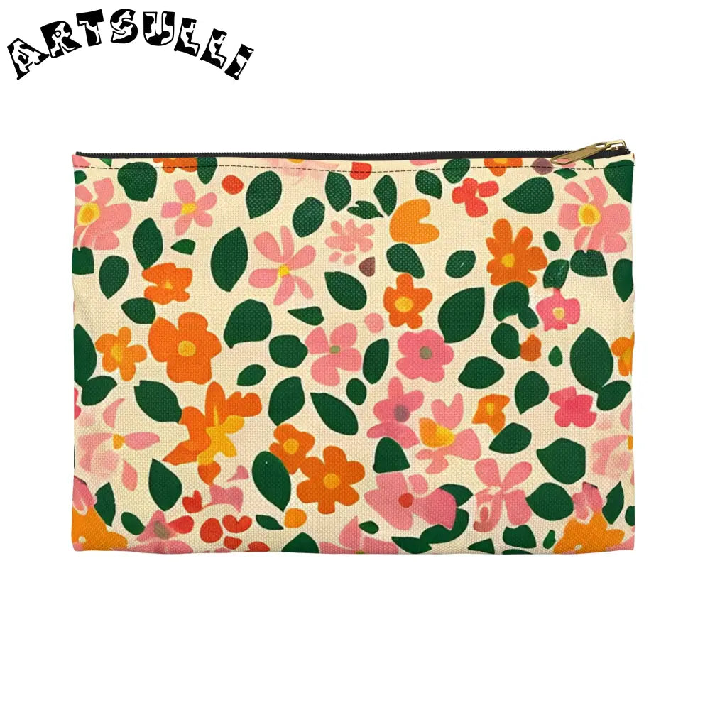 Pink and Orange Floral Flat Pouch, Artsulli - Art is Long, Life is Short, Bags, Size, Small, Color, Black zipper, , , 17766257932360112898