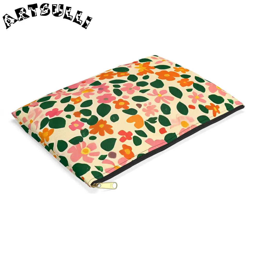 Pink and Orange Floral Flat Pouch, Artsulli - Art is Long, Life is Short, Bags, , , , , , , 