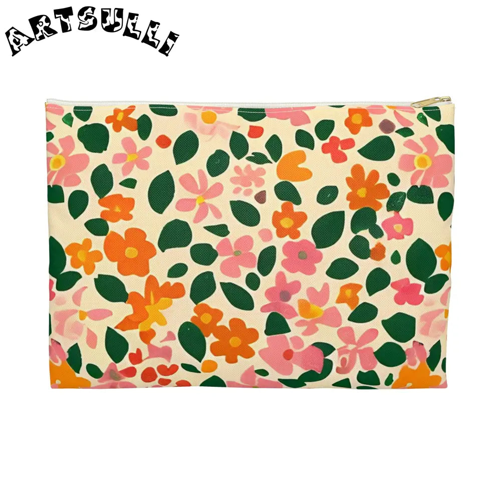 Pink and Orange Floral Flat Pouch, Artsulli - Art is Long, Life is Short, Bags, Size, Large, Color, White zipper, , , 26471438715178794495