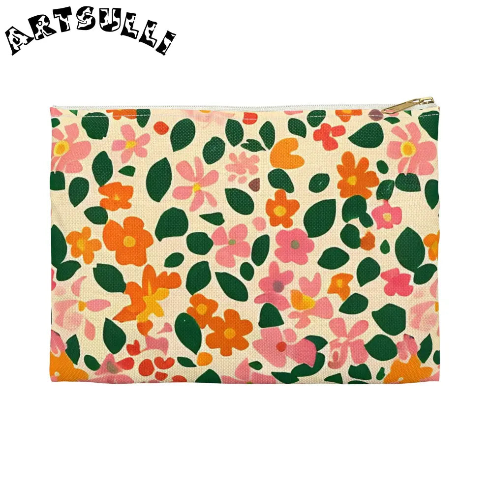 Pink and Orange Floral Flat Pouch, Artsulli - Art is Long, Life is Short, Bags, Size, Small, Color, White zipper, , , 97116958099242715701