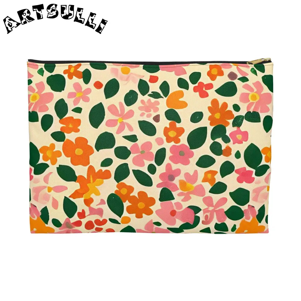 Pink and Orange Floral Flat Pouch, Artsulli - Art is Long, Life is Short, Bags, Size, Large, Color, Black zipper, , , 28918857302696308505