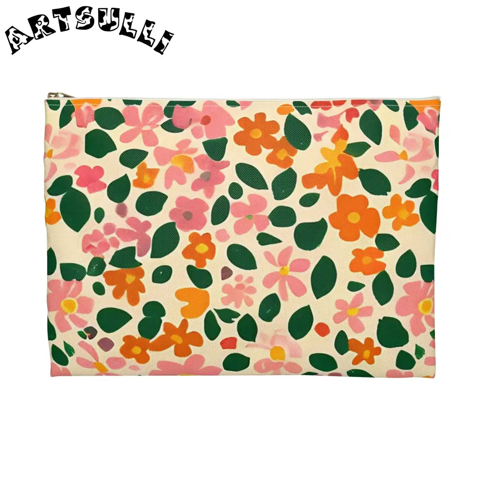 Pink and Orange Floral Flat Pouch, Artsulli - Art is Long, Life is Short, Bags, , , , , , , 