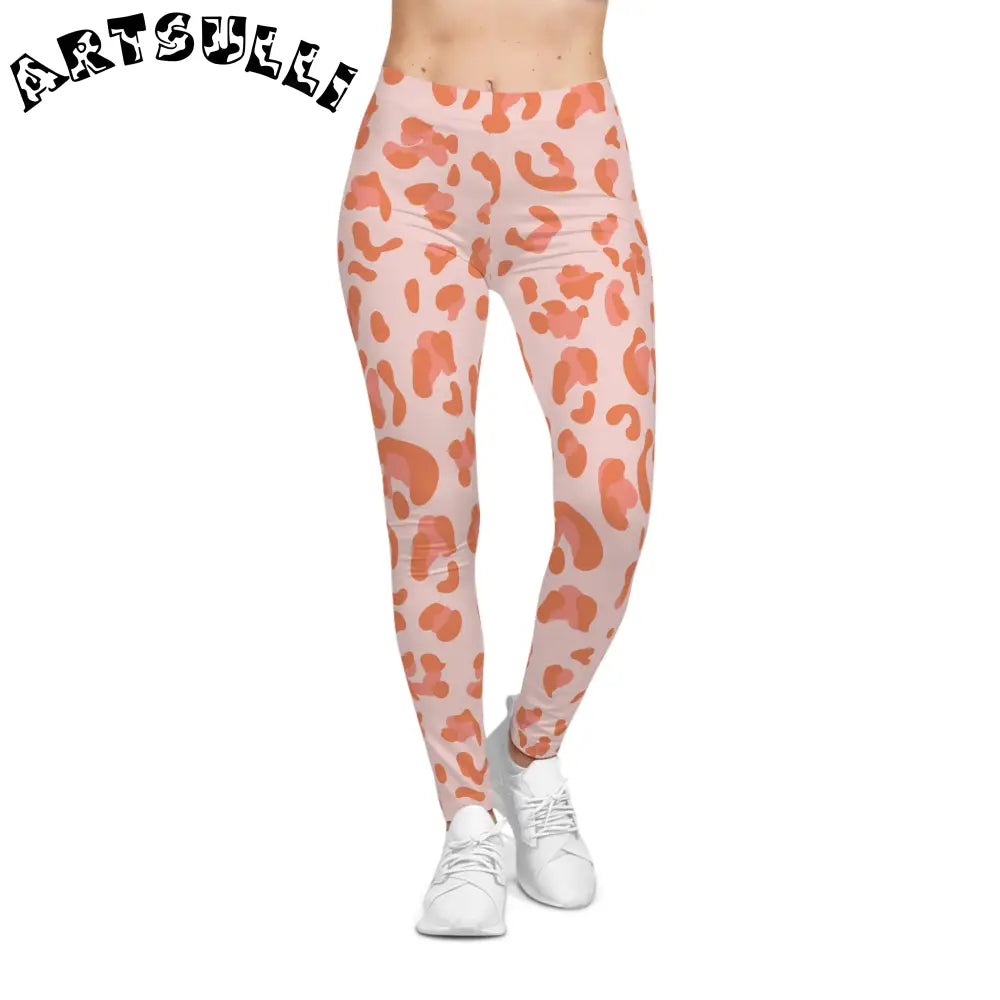 Pink and Orange Leopard Print Casual Leggings, Artsulli - Art is Long, Life is Short, All Over Prints, , , , , , , 