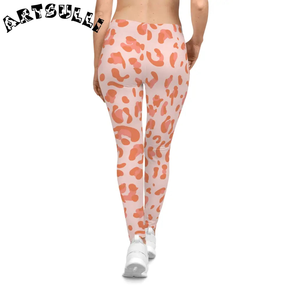 Pink and Orange Leopard Print Casual Leggings, Artsulli - Art is Long, Life is Short, All Over Prints, , , , , , , 