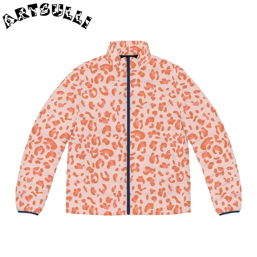 Pink and Orange Leopard Print Puffer Jacket, Artsulli - Art is Long, Life is Short, All Over Prints, Size, S, Color, Dark blue zipper, , , 13396671318250017408