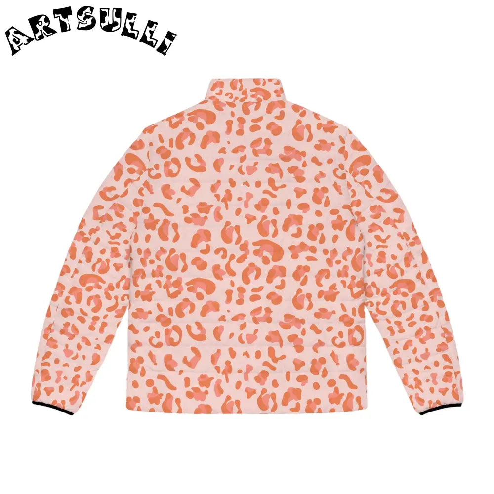 Pink and Orange Leopard Print Puffer Jacket, Artsulli - Art is Long, Life is Short, All Over Prints, , , , , , , 
