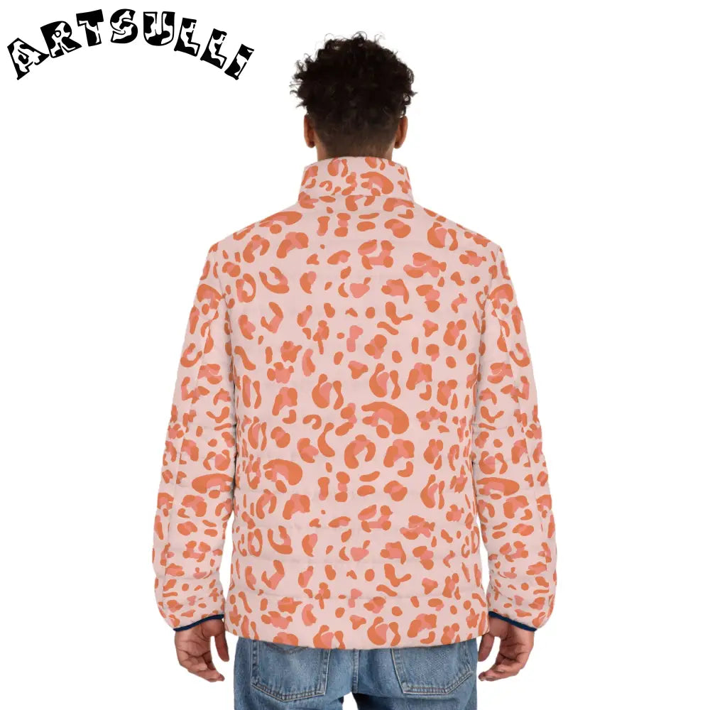 Pink and Orange Leopard Print Puffer Jacket, Artsulli - Art is Long, Life is Short, All Over Prints, , , , , , , 