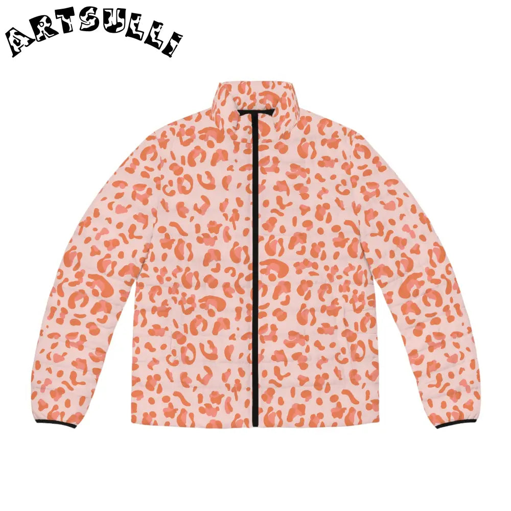 Pink and Orange Leopard Print Puffer Jacket, Artsulli - Art is Long, Life is Short, All Over Prints, Size, S, Color, Black zipper, , , 31561691271244123606