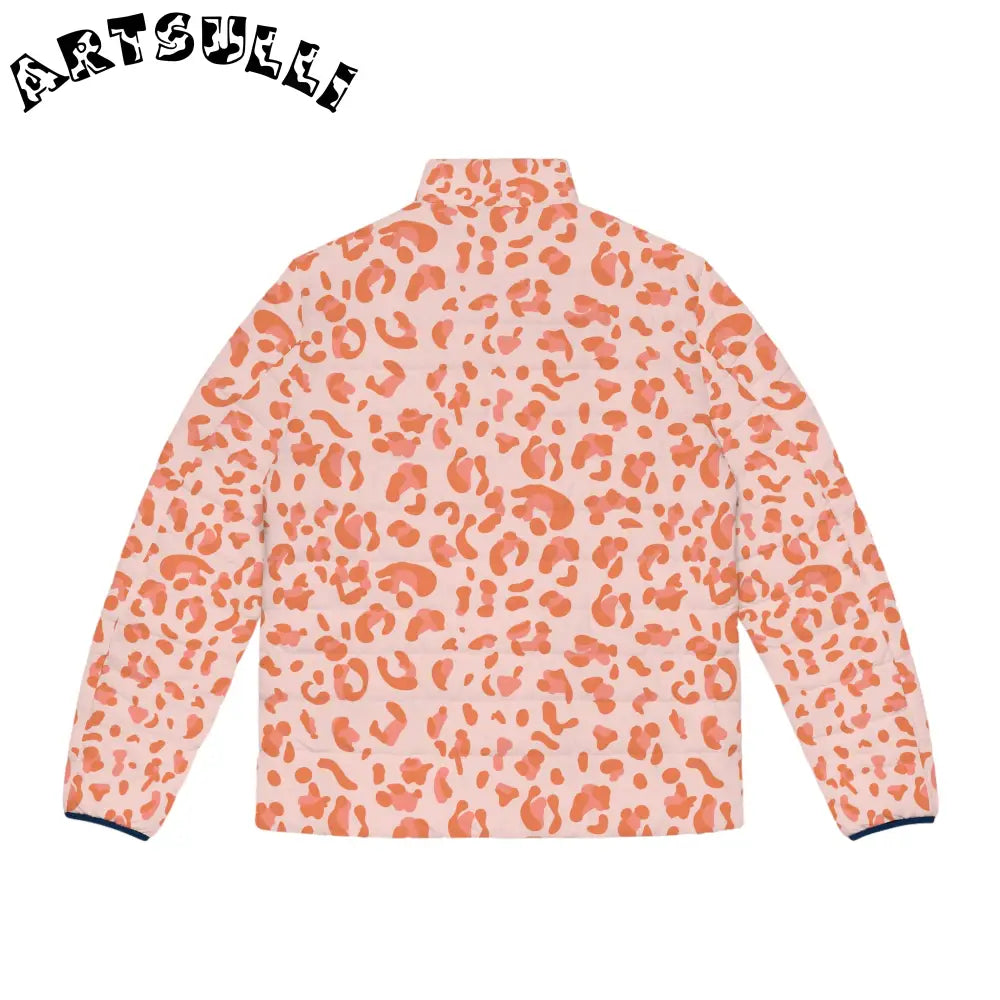 Pink and Orange Leopard Print Puffer Jacket, Artsulli - Art is Long, Life is Short, All Over Prints, , , , , , , 
