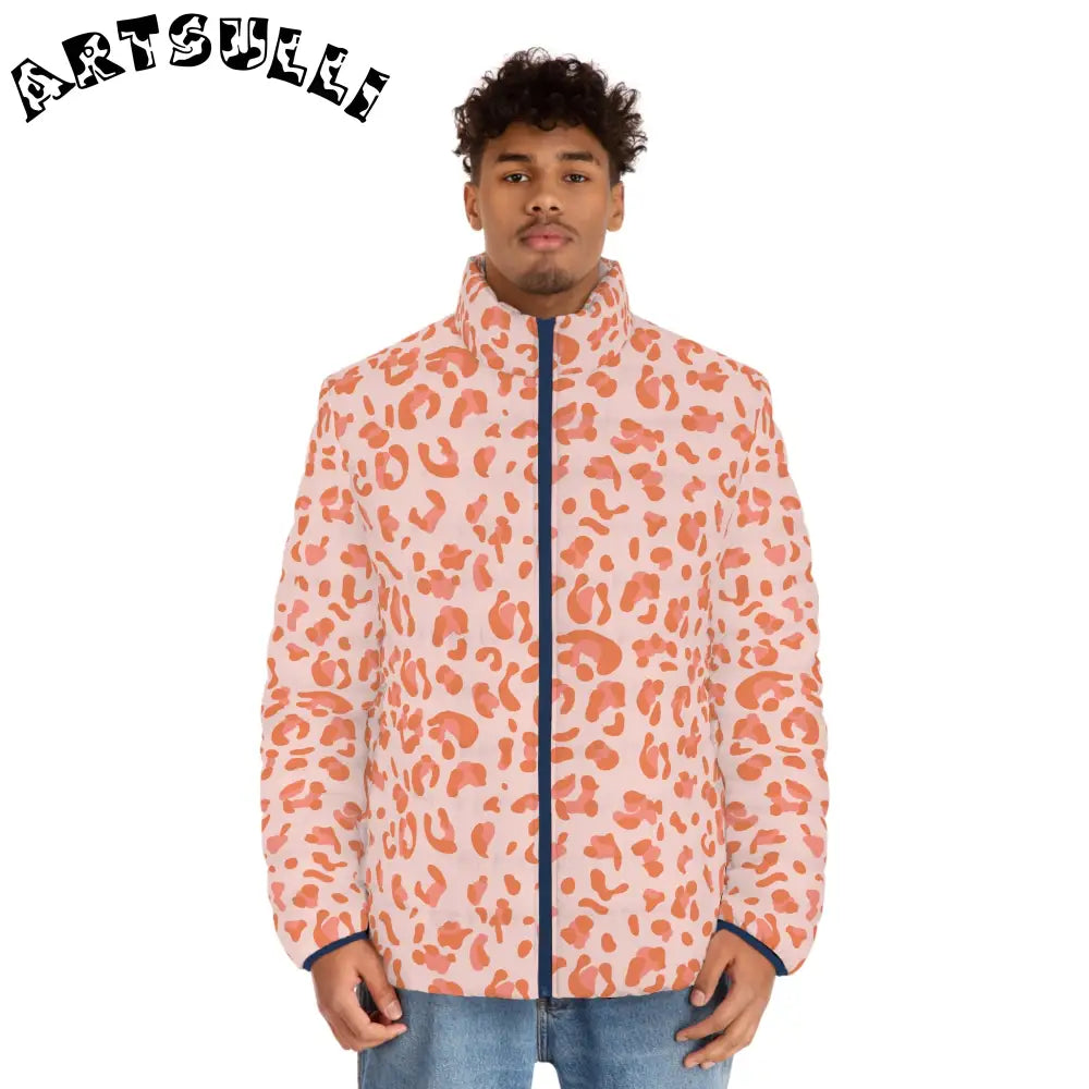 Pink and Orange Leopard Print Puffer Jacket, Artsulli - Art is Long, Life is Short, All Over Prints, , , , , , , 