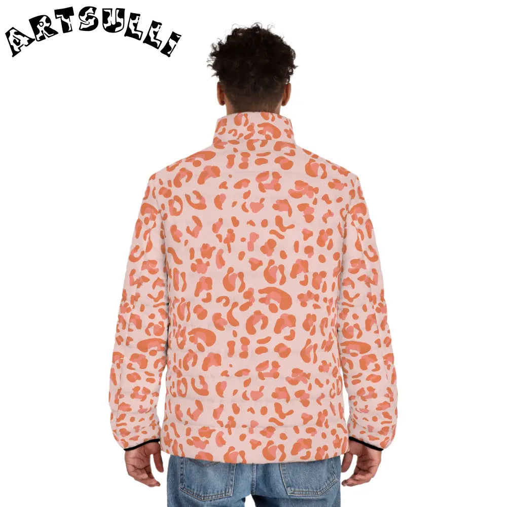 Pink and Orange Leopard Print Puffer Jacket, Artsulli - Art is Long, Life is Short, All Over Prints, , , , , , , 