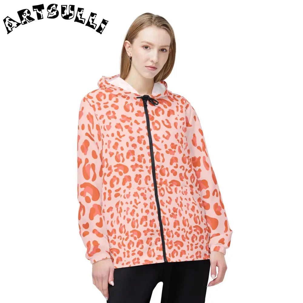 Pink and Orange Leopard Print Windbreaker Jacket, Artsulli - Art is Long, Life is Short, Outerwear, , , , , , , 