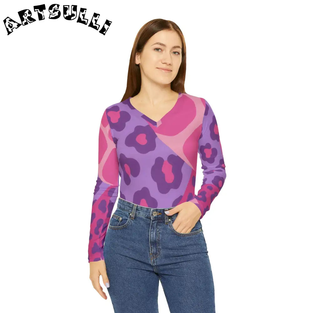 Pink and Purple Leopard Long Sleeve V-Neck Top, Artsulli - Art is Long, Life is Short, All Over Prints, , , , , , , 