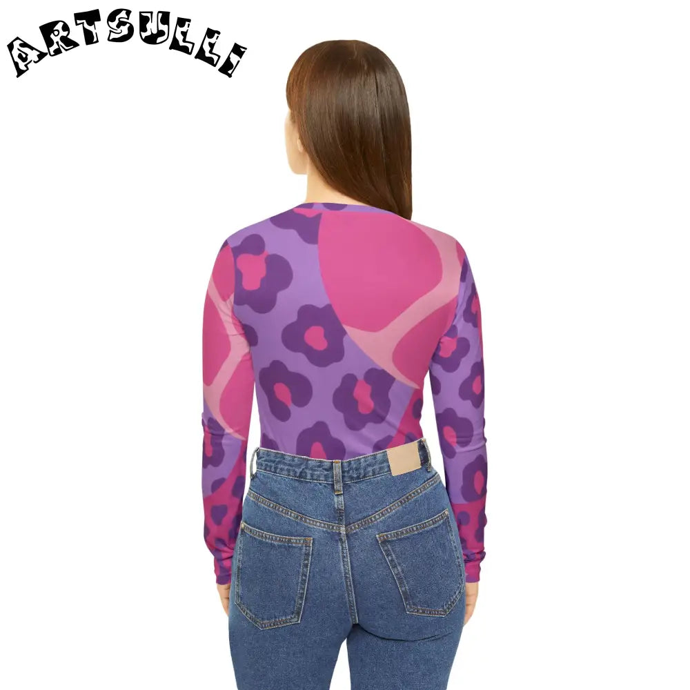 Pink and Purple Leopard Long Sleeve V-Neck Top, Artsulli - Art is Long, Life is Short, All Over Prints, , , , , , , 