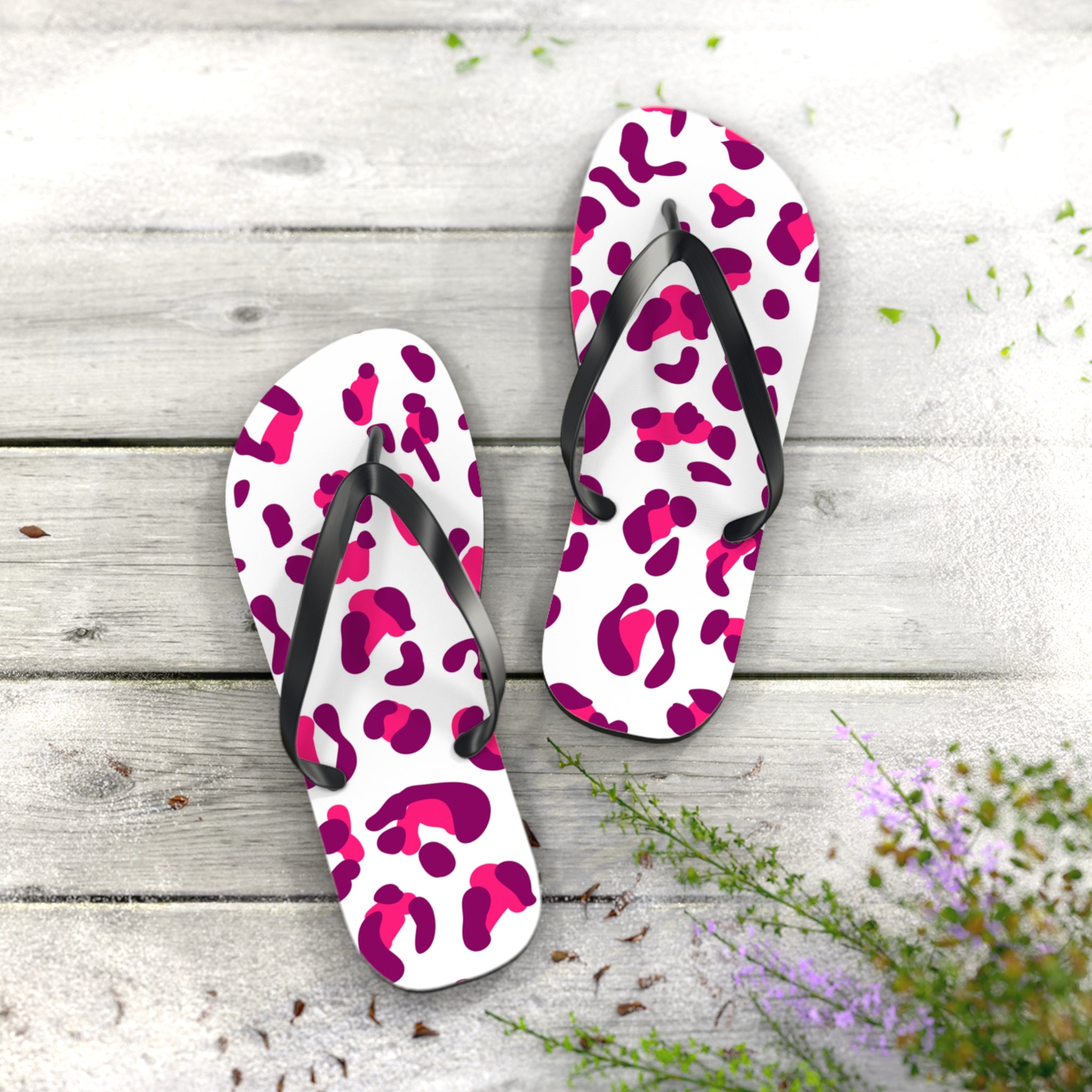 Pink and Purple Leopard Print Flip Flops, Artsulli - Art is Long, Life is Short, Shoes, , , , , , , 