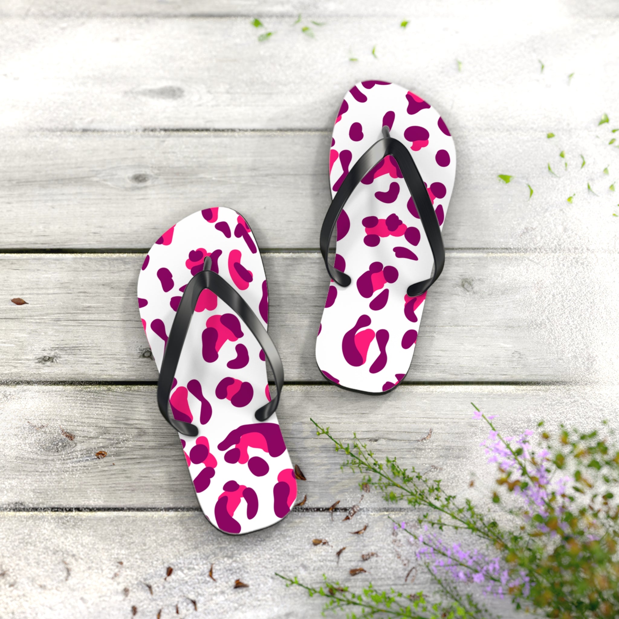 Pink and Purple Leopard Print Flip Flops, Artsulli - Art is Long, Life is Short, Shoes, , , , , , , 