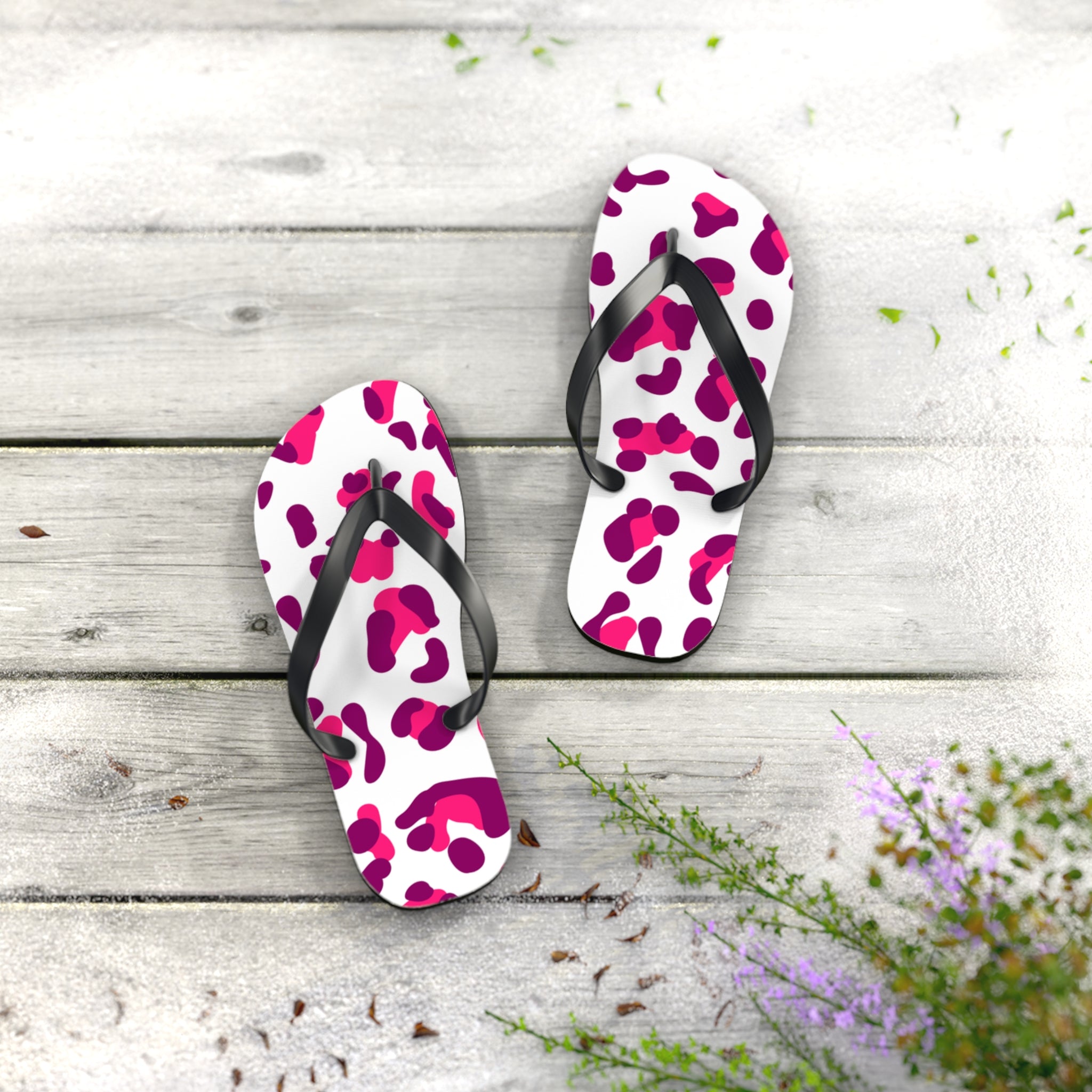 Pink and Purple Leopard Print Flip Flops, Artsulli - Art is Long, Life is Short, Shoes, , , , , , , 