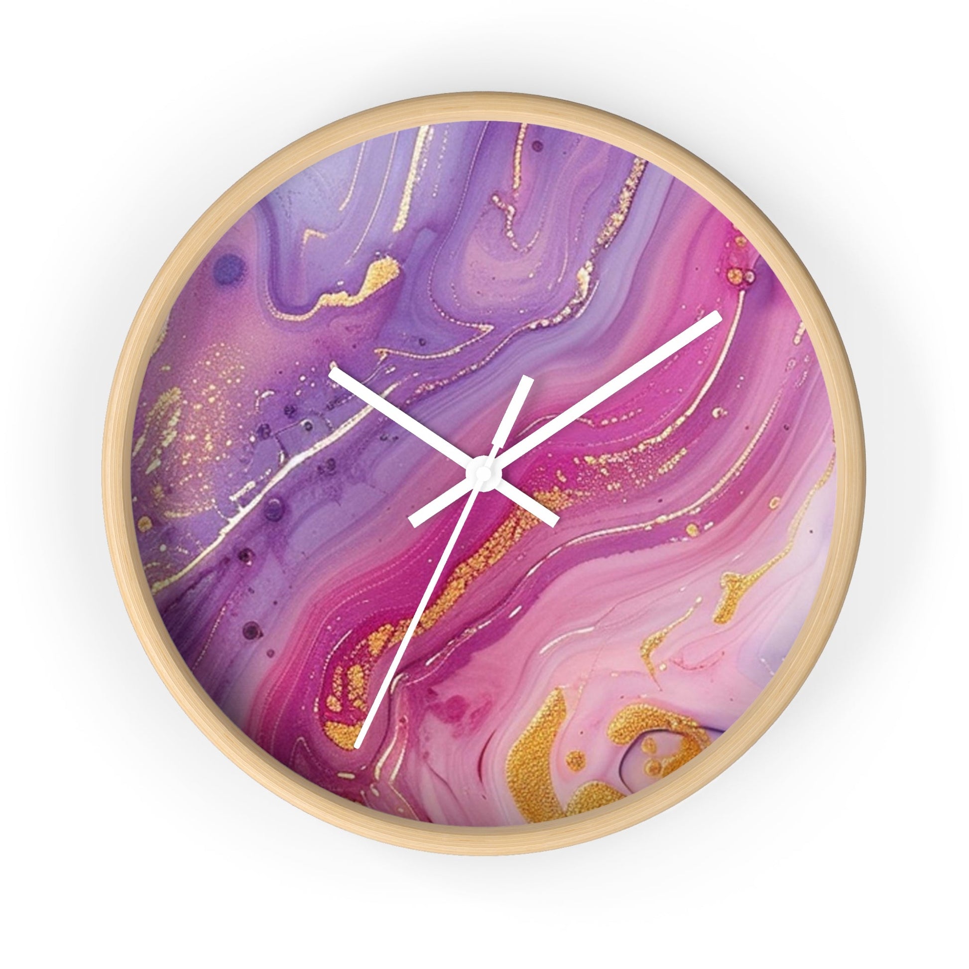 Pink and Purple Marble Gold Wall Clock, Artsulli - Art is Long, Life is Short, Home Decor, Color, Wooden Base, Hands, White, Size, 10", 16701710295418553001