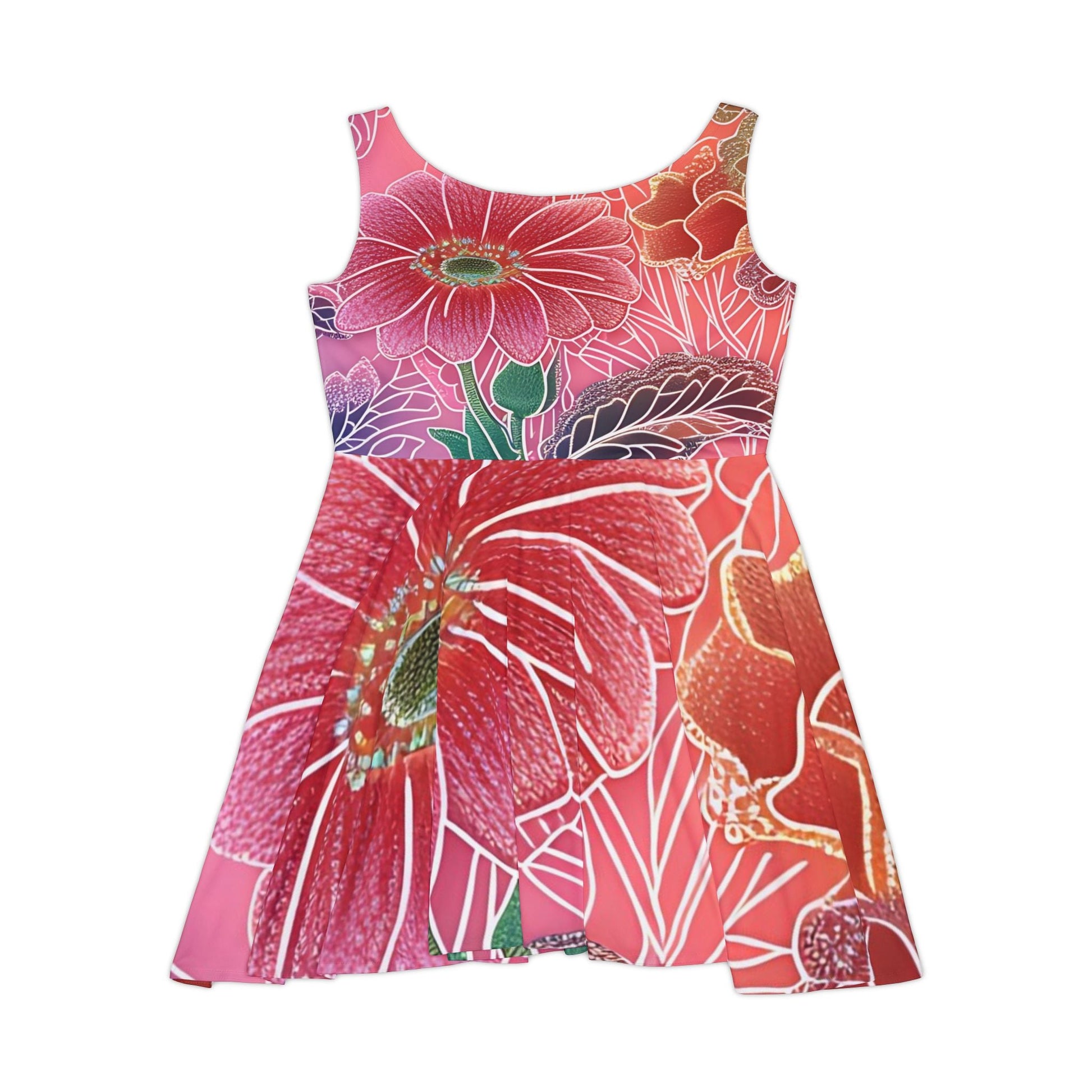 Pink and Red Floral Skater Dress, Artsulli - Art is Long, Life is Short, All Over Prints, , , , , , , 