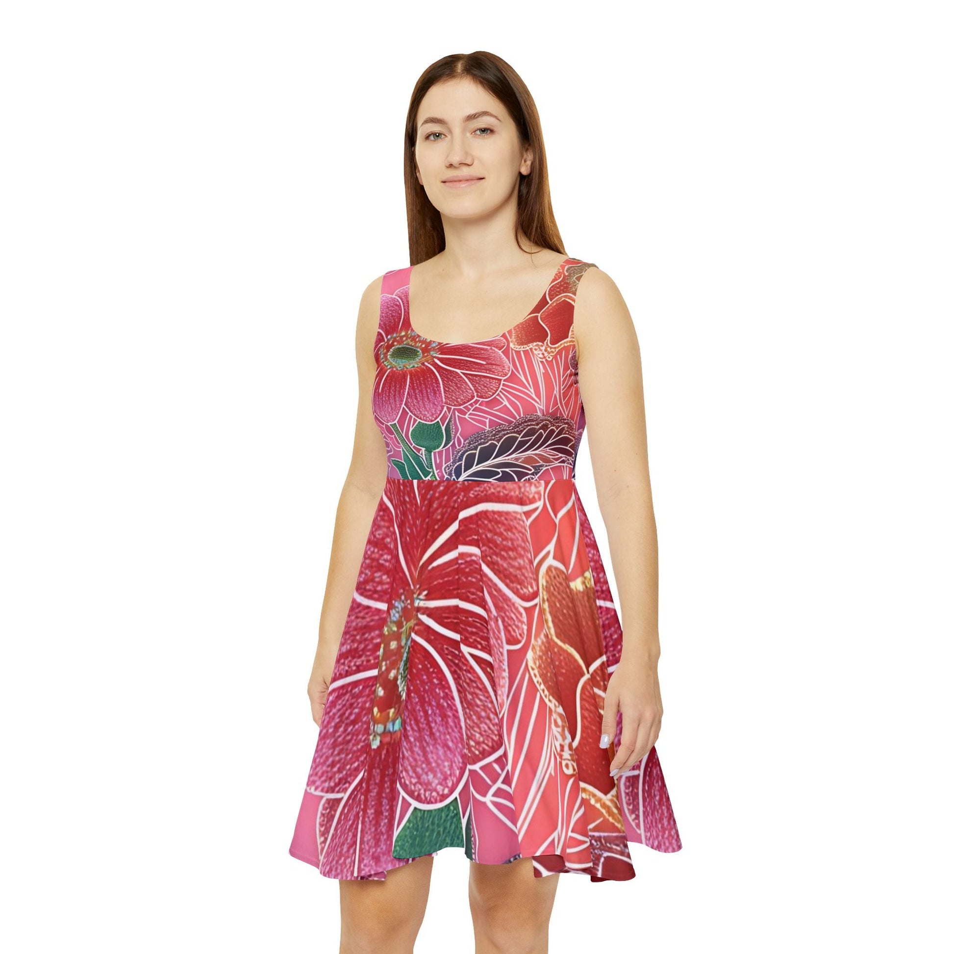 Pink and Red Floral Skater Dress, Artsulli - Art is Long, Life is Short, All Over Prints, , , , , , , 
