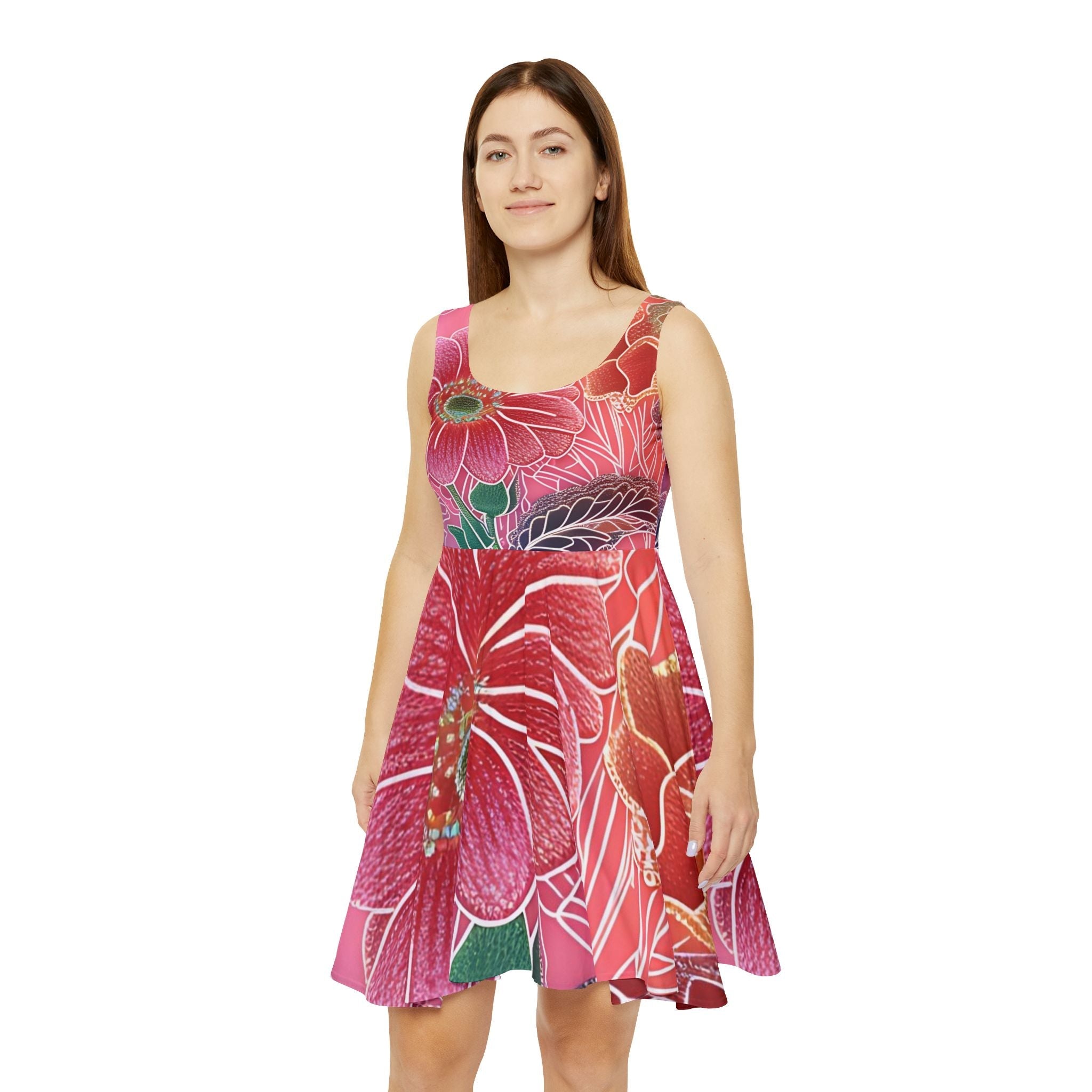 Pink and Red Floral Skater Dress, Artsulli - Art is Long, Life is Short, All Over Prints, , , , , , , 