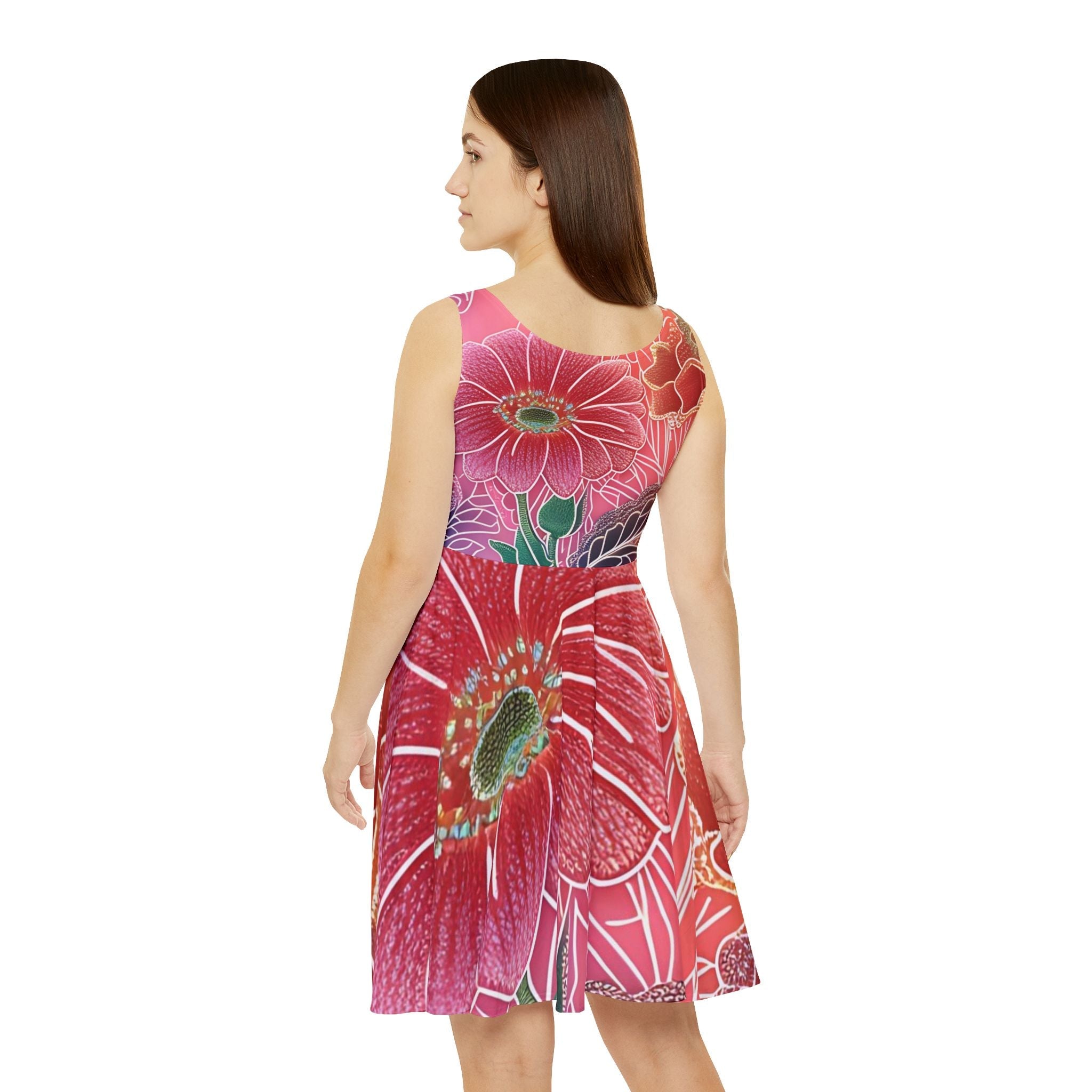 Pink and Red Floral Skater Dress, Artsulli - Art is Long, Life is Short, All Over Prints, , , , , , , 