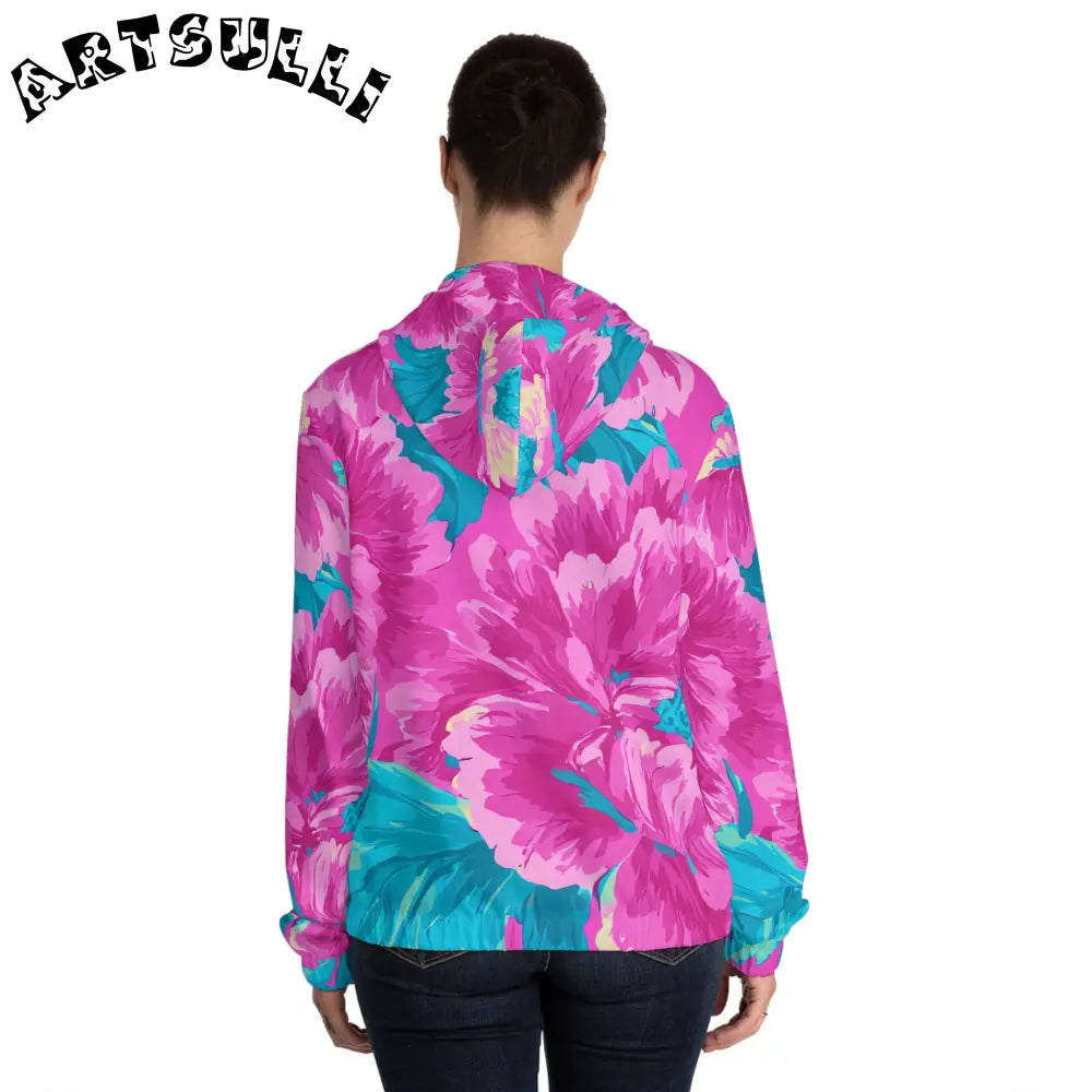 JAKKOUTTHEBXX Pink and Teal Floral Womens Zip Hoodie 2025