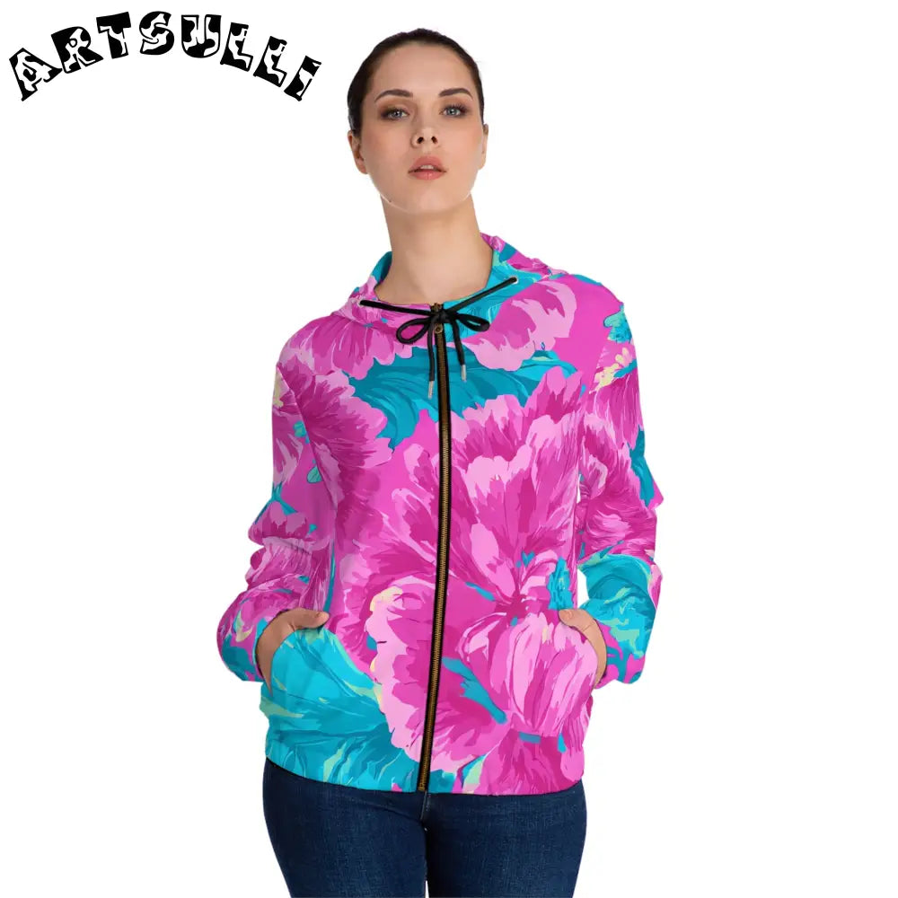 JAKKOUTTHEBXX Pink and Teal Floral Womens Zip Hoodie 2025