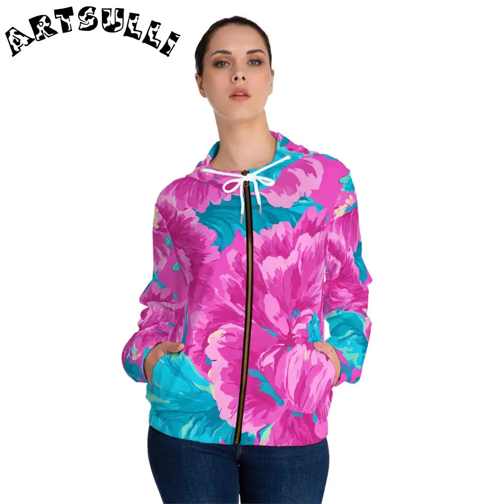 JAKKOUTTHEBXX Pink and Teal Floral Womens Zip Hoodie 2025