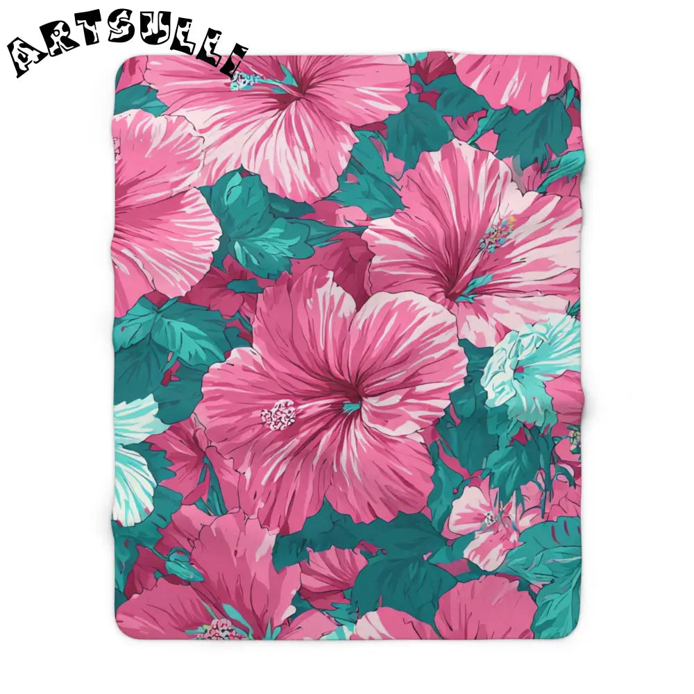 Pink and Teal Hibiscus Cozy Fleece Blanket, Artsulli - Art is Long, Life is Short, Home Decor, Size, 60" × 80", , , , , 26393991898618924602