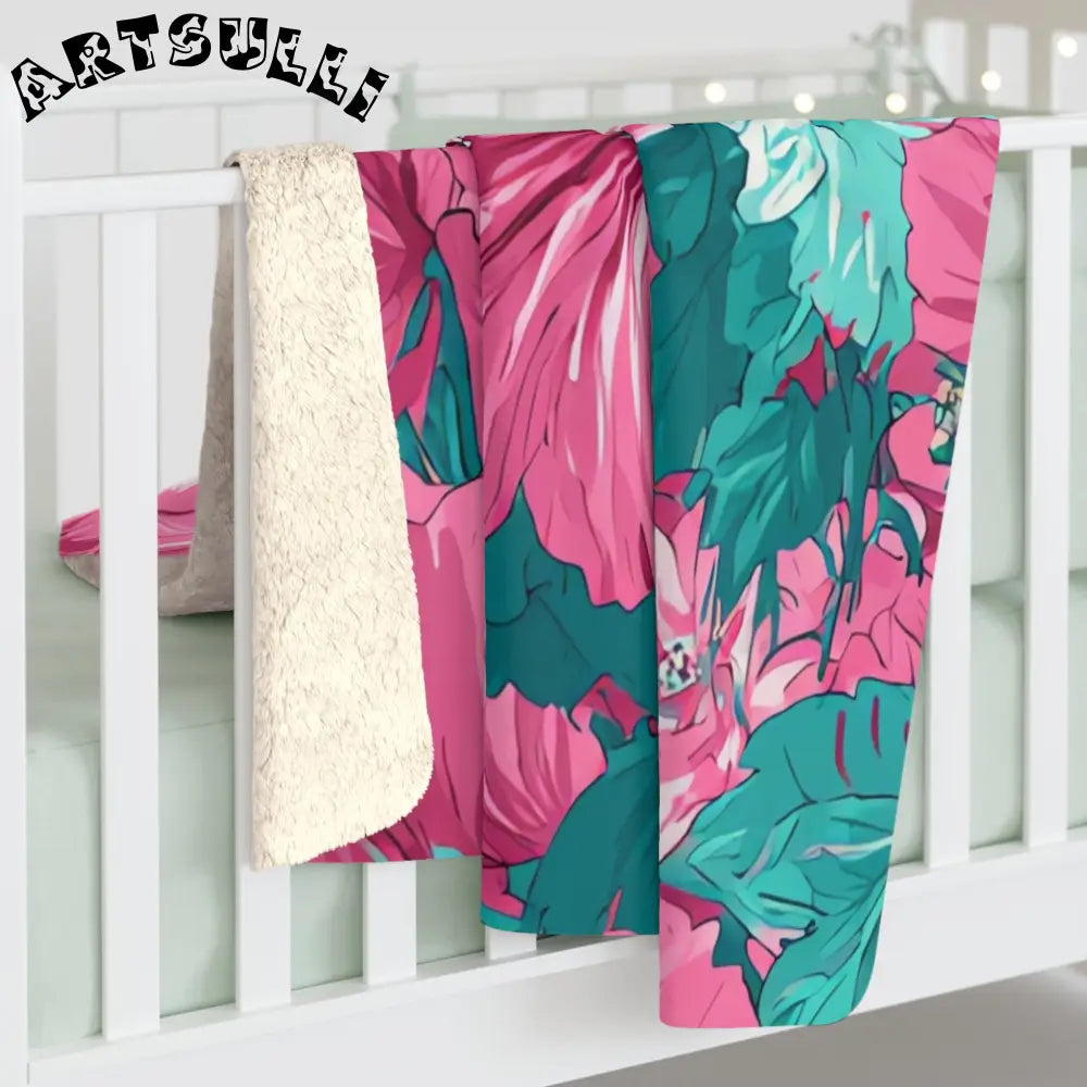 Pink and Teal Hibiscus Cozy Fleece Blanket, Artsulli - Art is Long, Life is Short, Home Decor, , , , , , , 