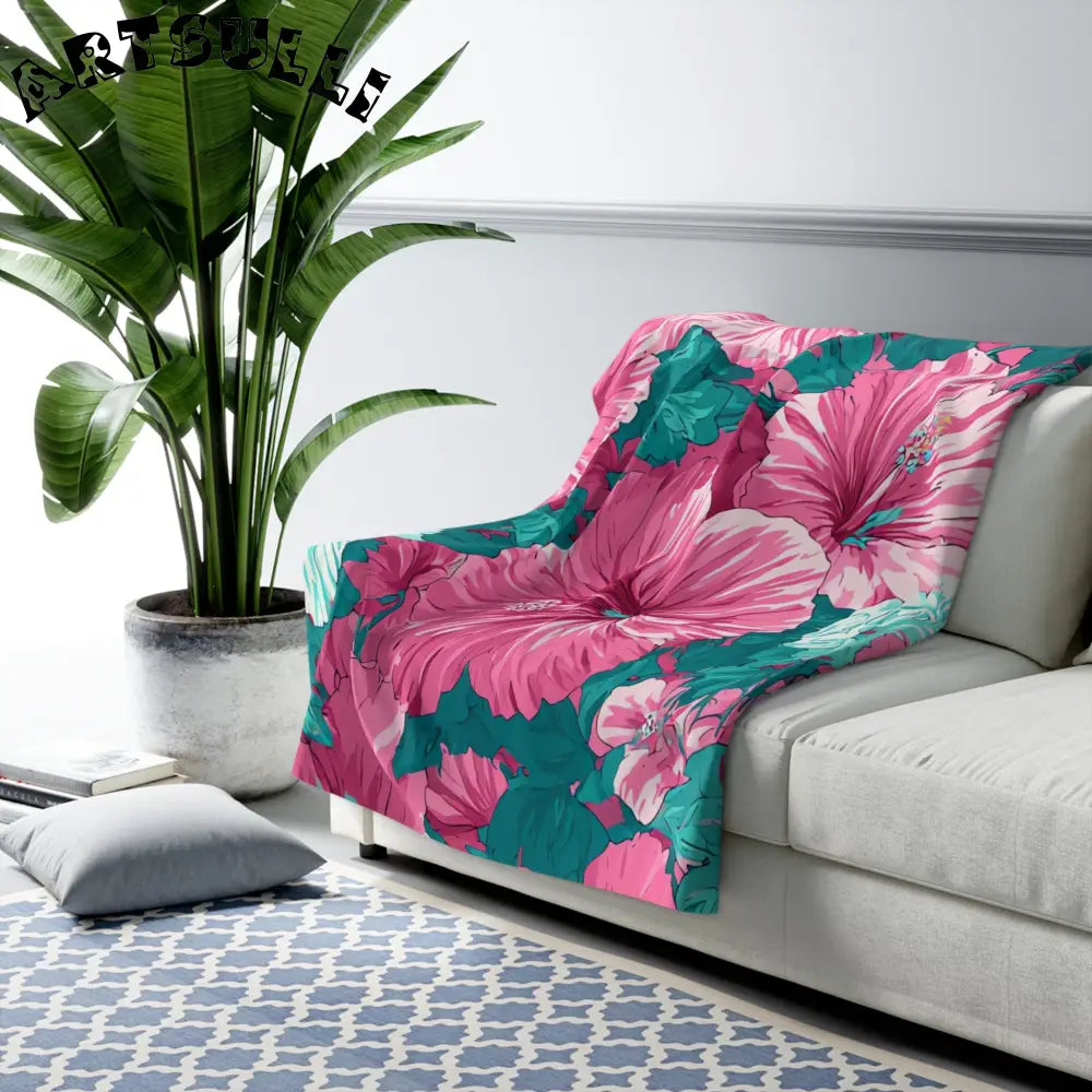 Pink and Teal Hibiscus Cozy Fleece Blanket, Artsulli - Art is Long, Life is Short, Home Decor, , , , , , , 