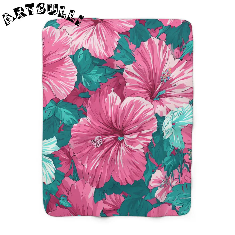 Pink and Teal Hibiscus Cozy Fleece Blanket, Artsulli - Art is Long, Life is Short, Home Decor, Size, 50" × 60", , , , , 10094412373992677964