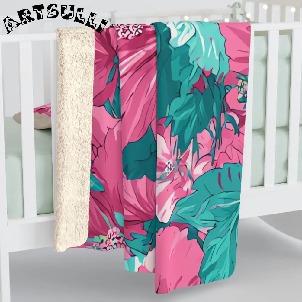 Pink and Teal Hibiscus Cozy Fleece Blanket, Artsulli - Art is Long, Life is Short, Home Decor, , , , , , , 