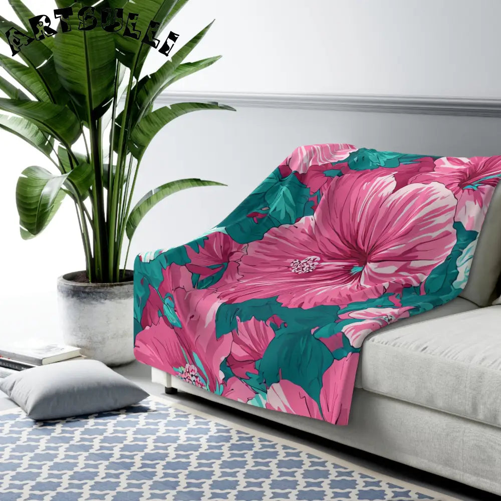 Pink and Teal Hibiscus Cozy Fleece Blanket, Artsulli - Art is Long, Life is Short, Home Decor, , , , , , , 