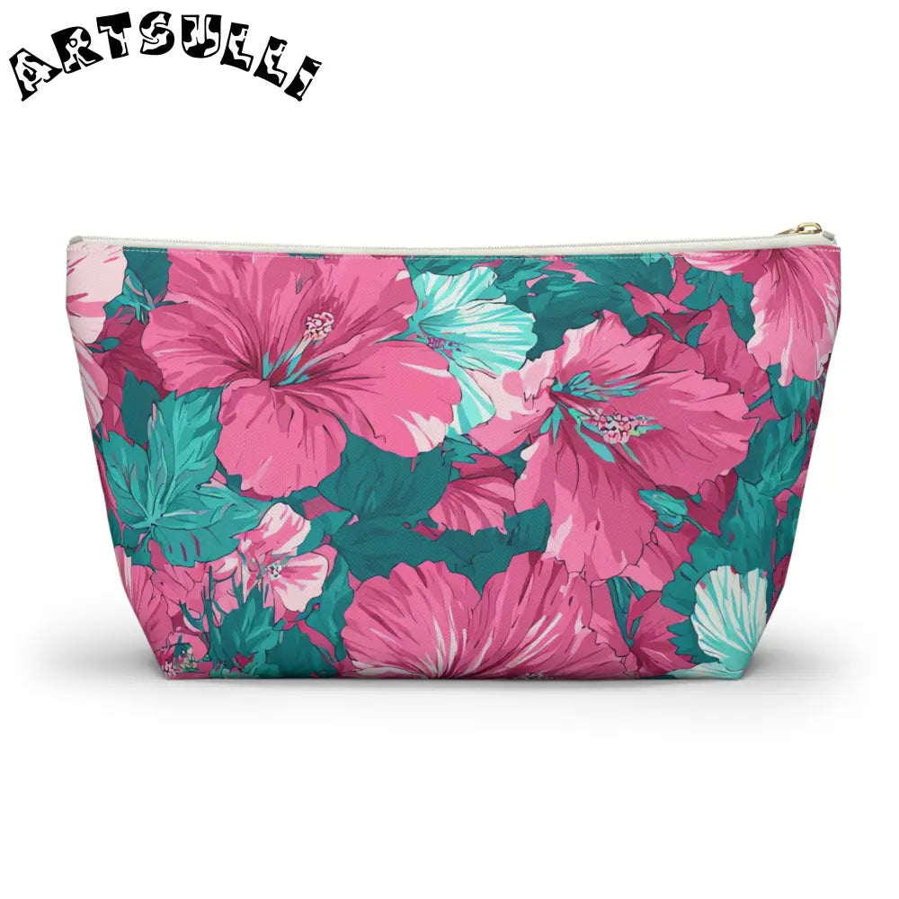 Pink and Teal Hibiscus T-Bottom Pouch, Artsulli - Art is Long, Life is Short, Bags, , , , , , , 