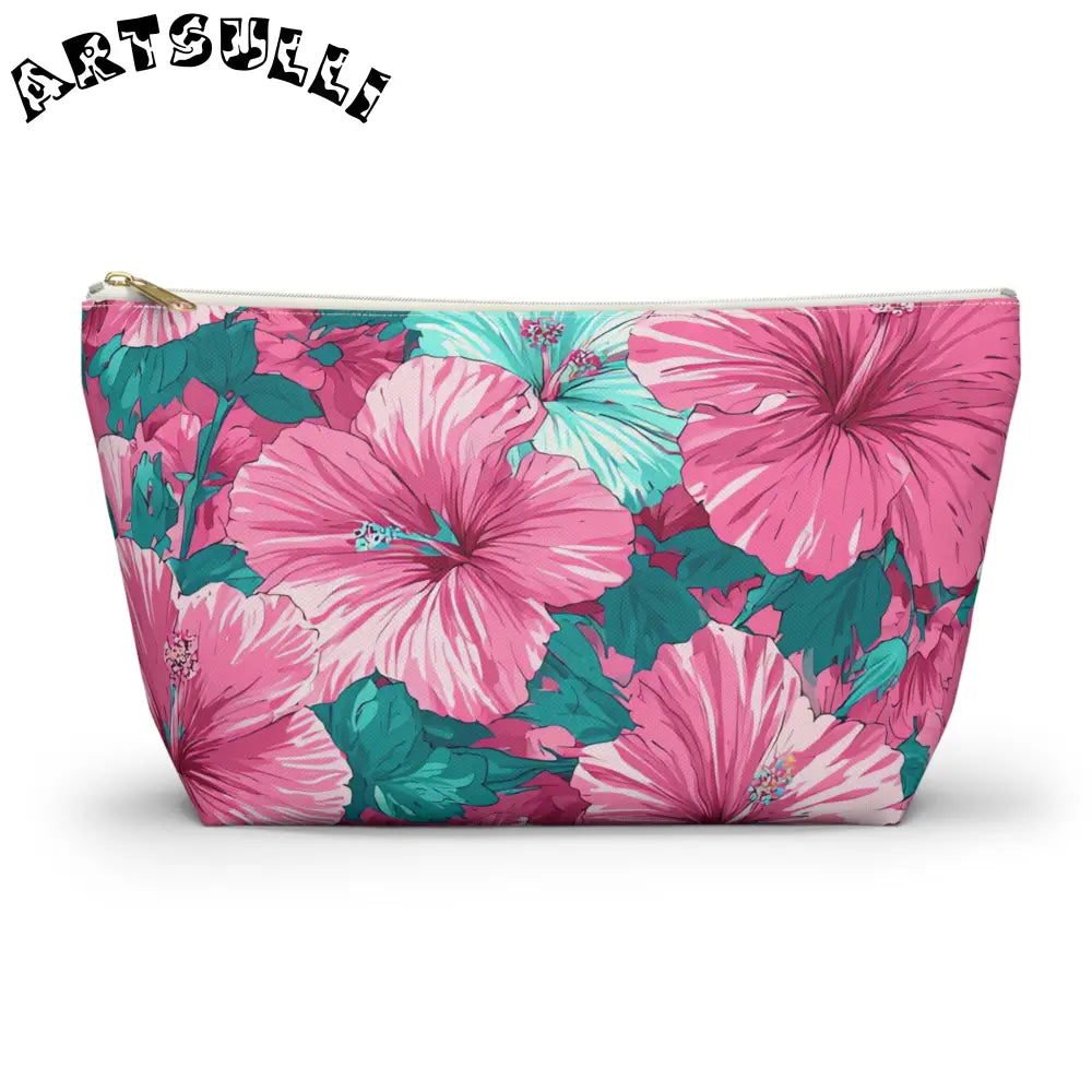 Pink and Teal Hibiscus T-Bottom Pouch, Artsulli - Art is Long, Life is Short, Bags, Size, Large, Color, White zipper, , , 17643504030230440391