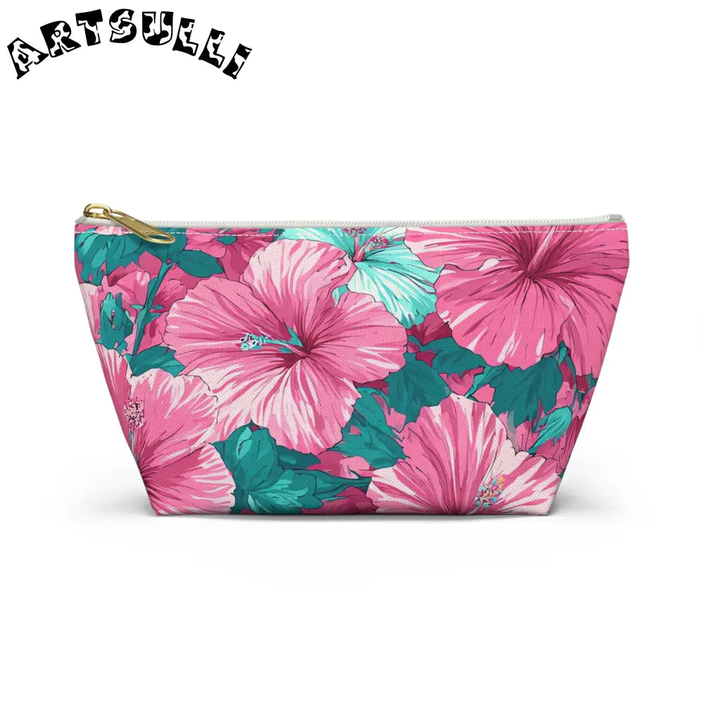 Pink and Teal Hibiscus T-Bottom Pouch, Artsulli - Art is Long, Life is Short, Bags, Size, Small, Color, White zipper, , , 39277631753611065612