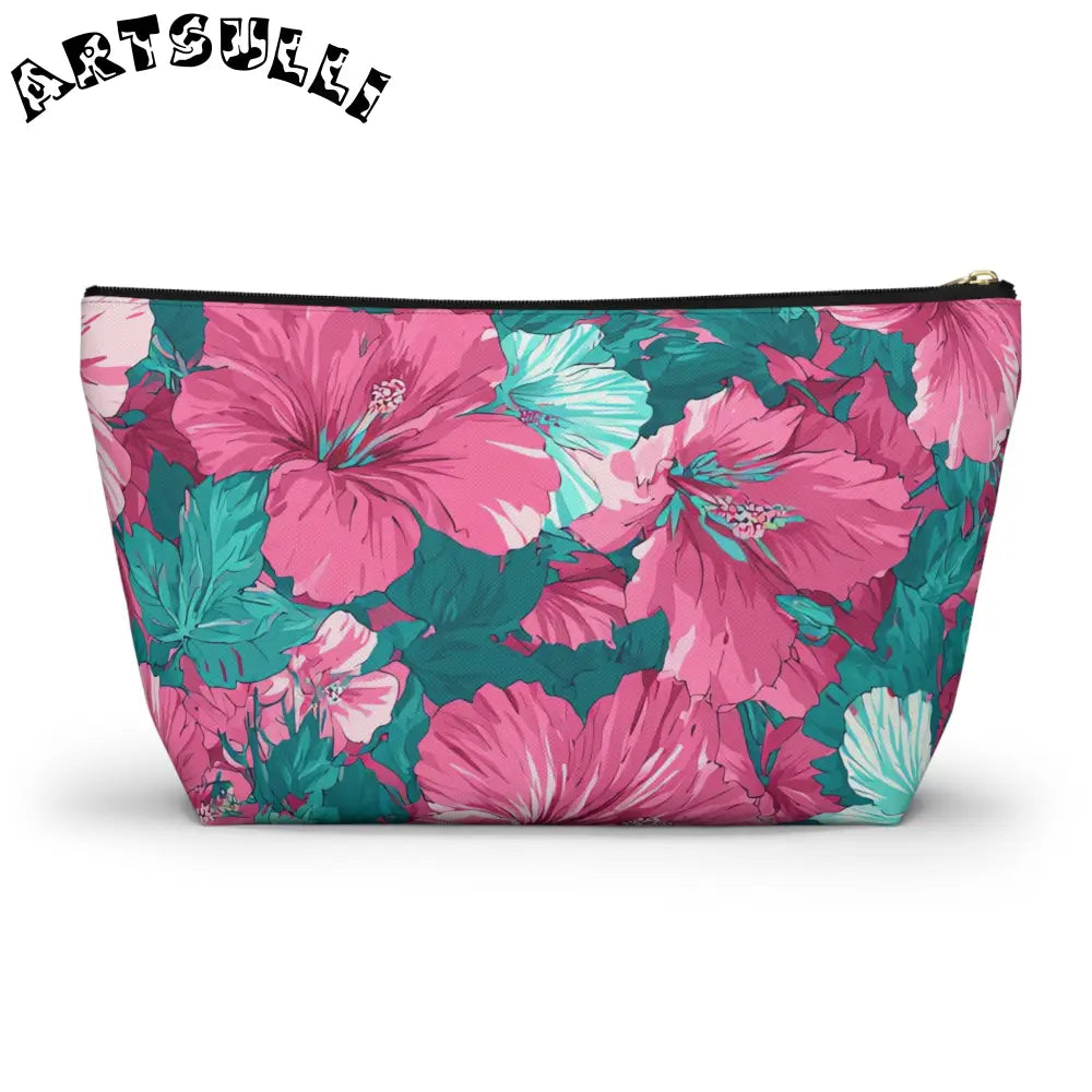 Pink and Teal Hibiscus T-Bottom Pouch, Artsulli - Art is Long, Life is Short, Bags, , , , , , , 
