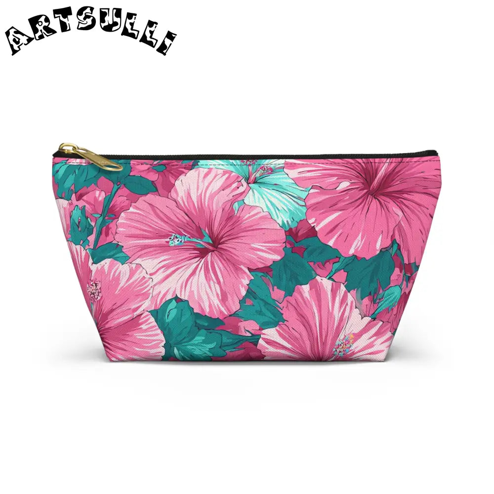 Pink and Teal Hibiscus T-Bottom Pouch, Artsulli - Art is Long, Life is Short, Bags, Size, Small, Color, Black zipper, , , 26587831983088500972