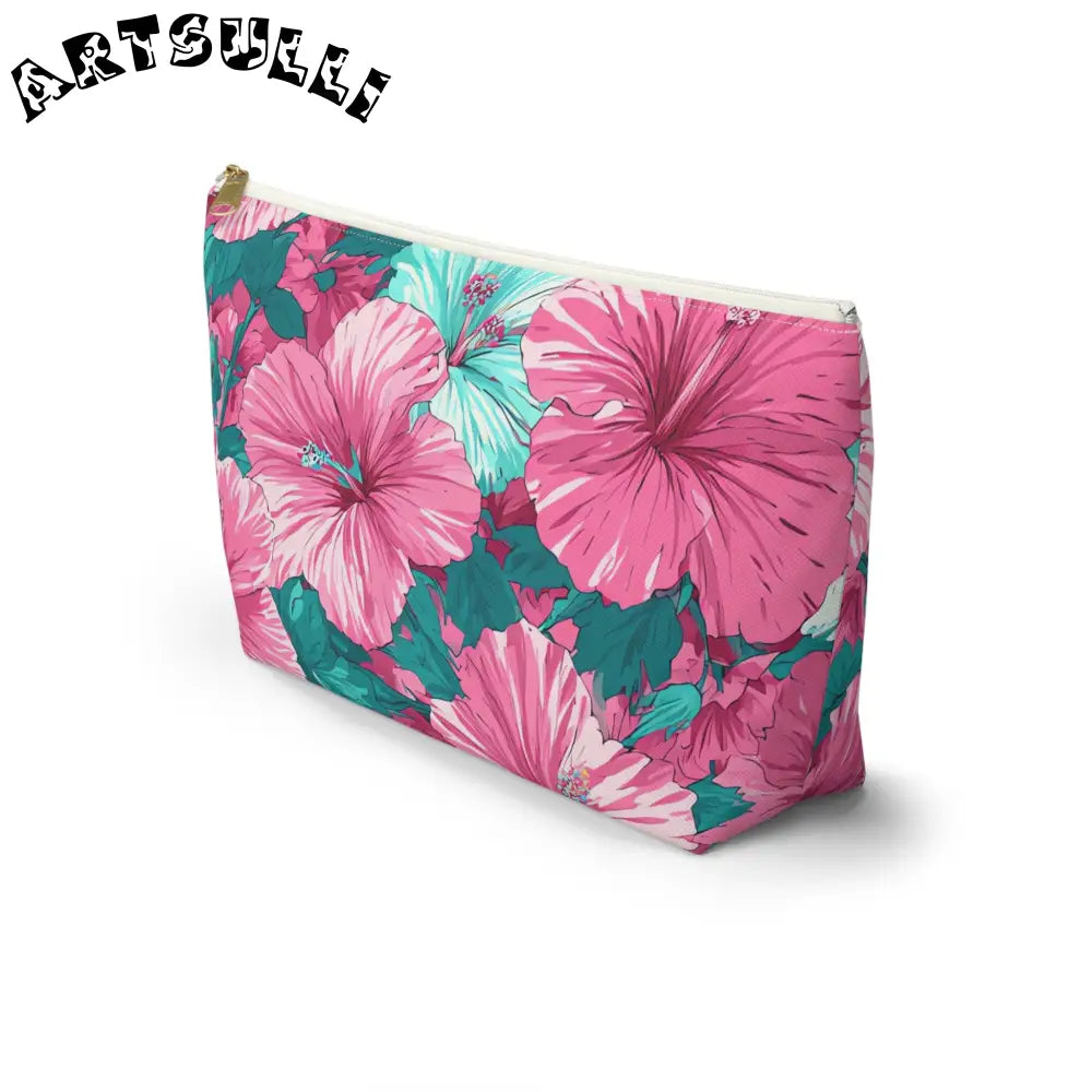 Pink and Teal Hibiscus T-Bottom Pouch, Artsulli - Art is Long, Life is Short, Bags, , , , , , , 