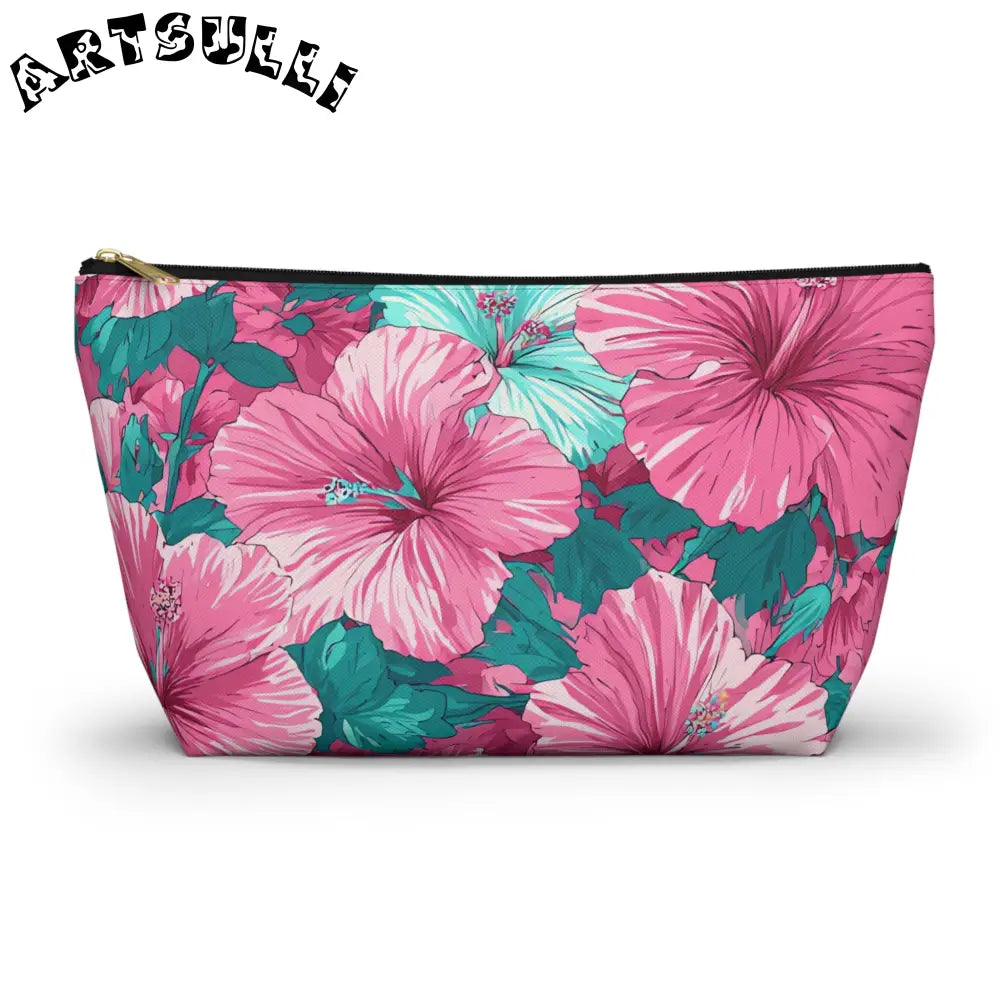 Pink and Teal Hibiscus T-Bottom Pouch, Artsulli - Art is Long, Life is Short, Bags, Size, Large, Color, Black zipper, , , 31297740468842020966