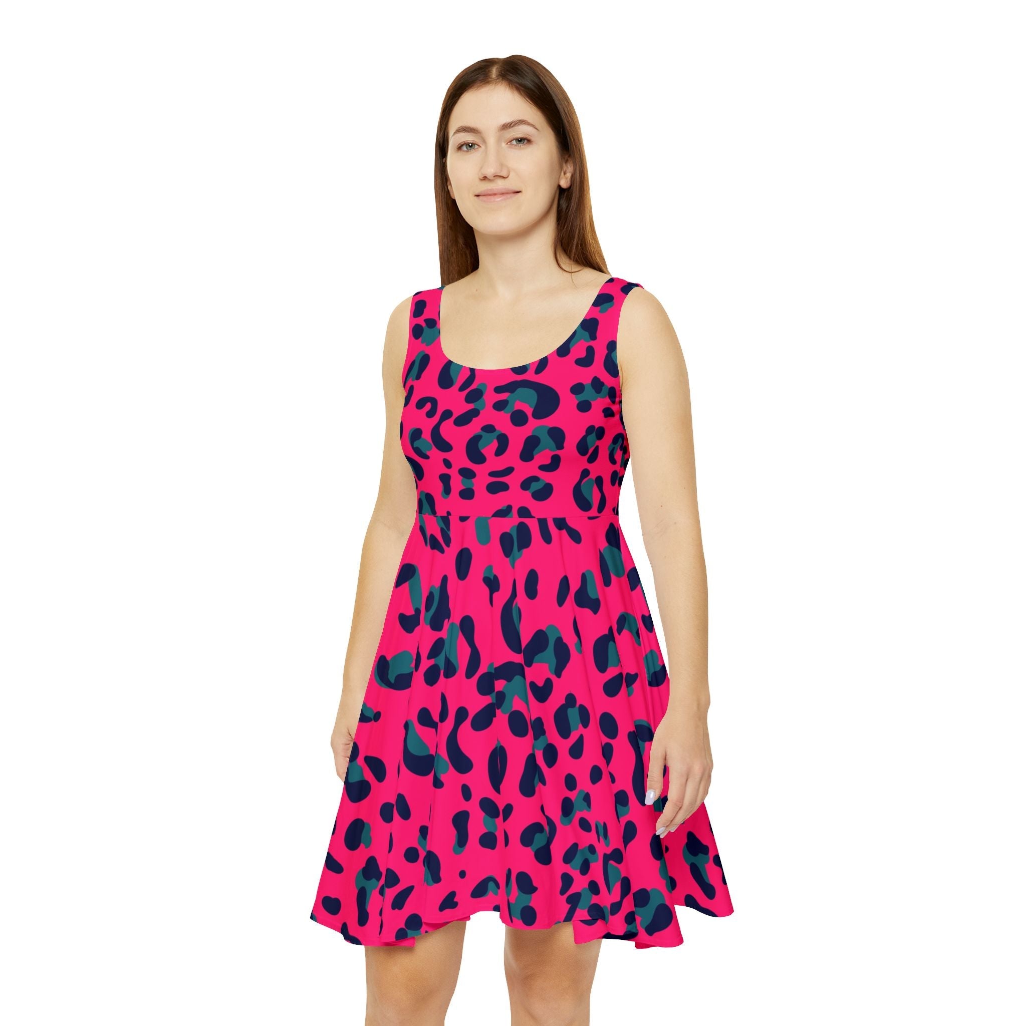 Pink and Teal Leopard Skater Dress, Artsulli - Art is Long, Life is Short, All Over Prints, , , , , , , 