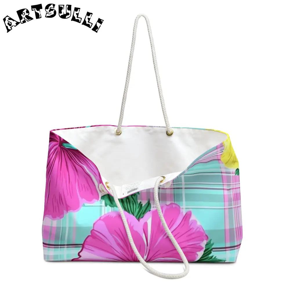 Pink and Teal Plaid Floral Weekender Tote Bag, Artsulli - Art is Long, Life is Short, Bags, , , , , , , 