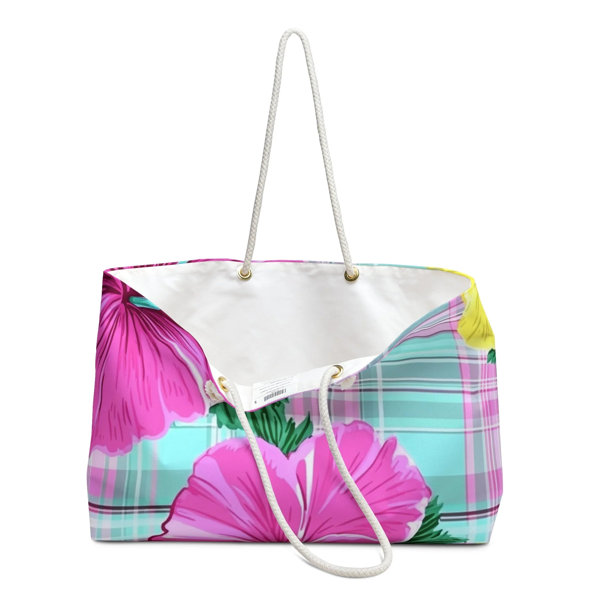Pink and Teal Plaid Floral Weekender Tote Bag, Artsulli - Art is Long, Life is Short, Bags, , , , , , , 
