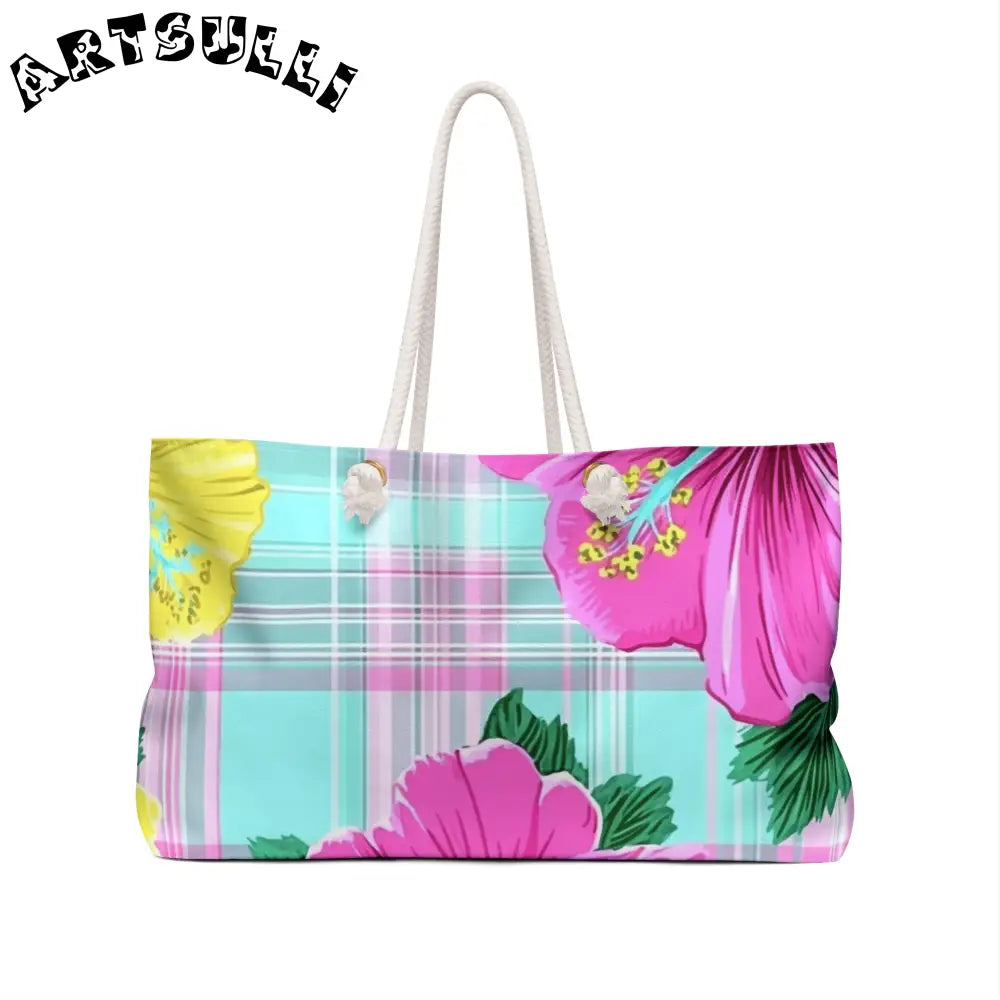 Pink and Teal Plaid Floral Weekender Tote Bag, Artsulli - Art is Long, Life is Short, Bags, , , , , , , 
