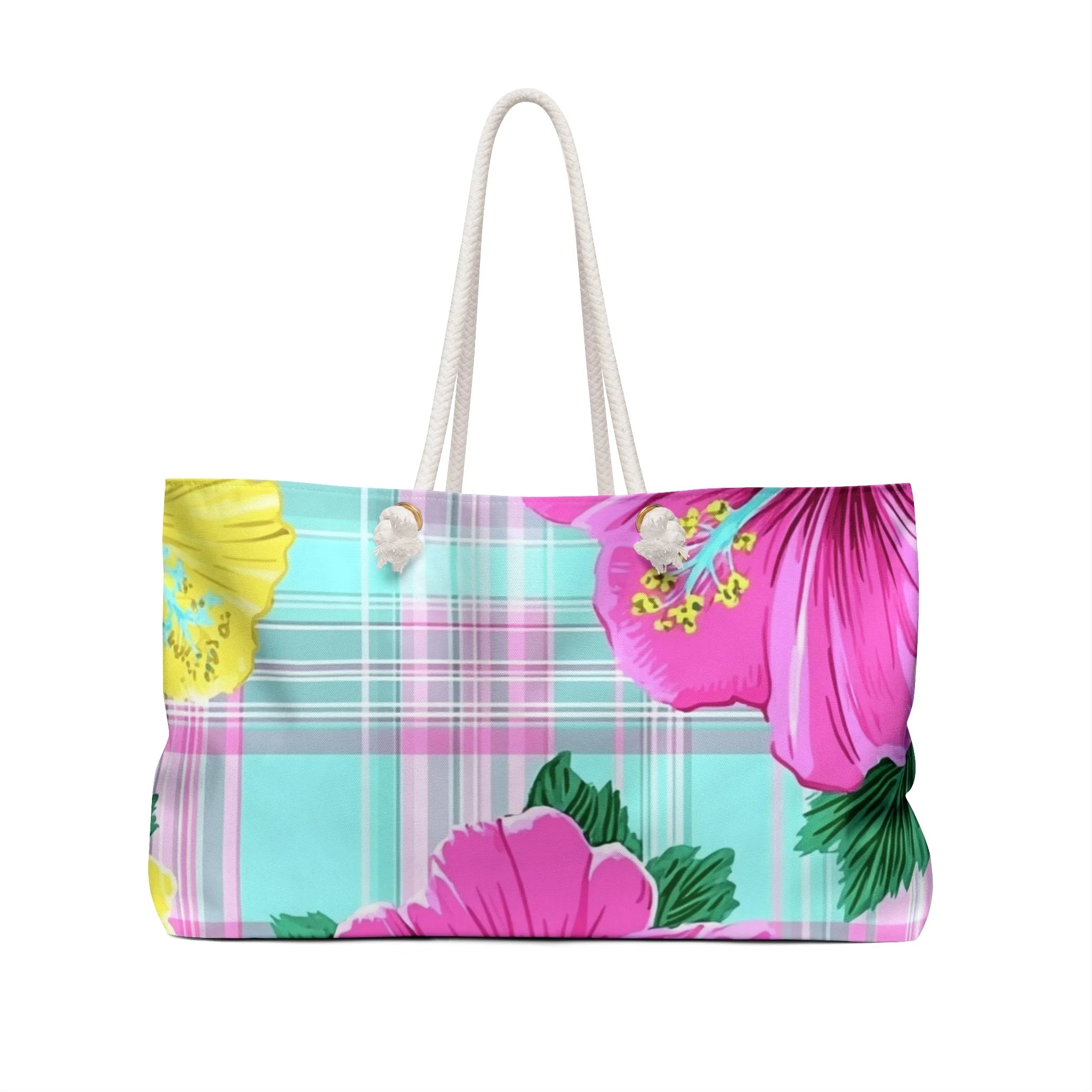 Pink and Teal Plaid Floral Weekender Tote Bag, Artsulli - Art is Long, Life is Short, Bags, , , , , , , 